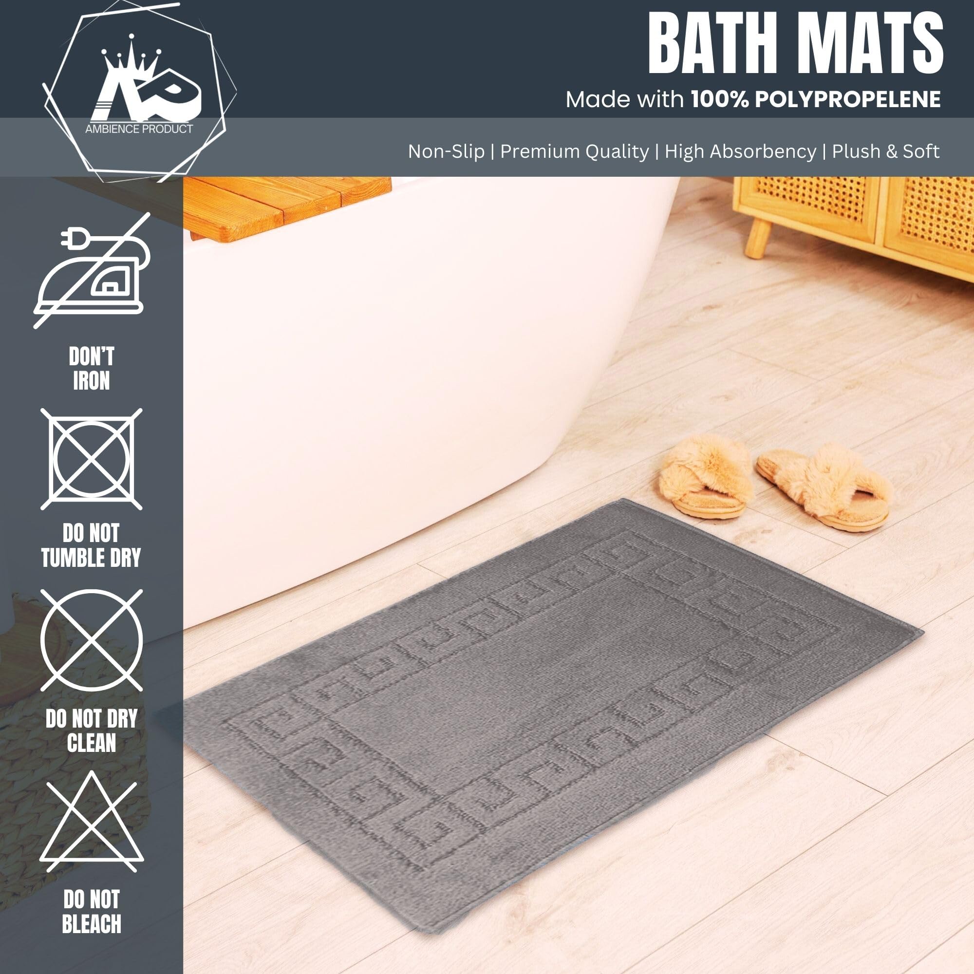 Premium Greek Key Pattern Bath Mats 2-Piece Set - Non-Slip, Quick Dry, Washable Bathroom Rug & Pedestal Mat Set (Charcoal) for Luxury Bathroom Decor & Spa-Like Shower Experience