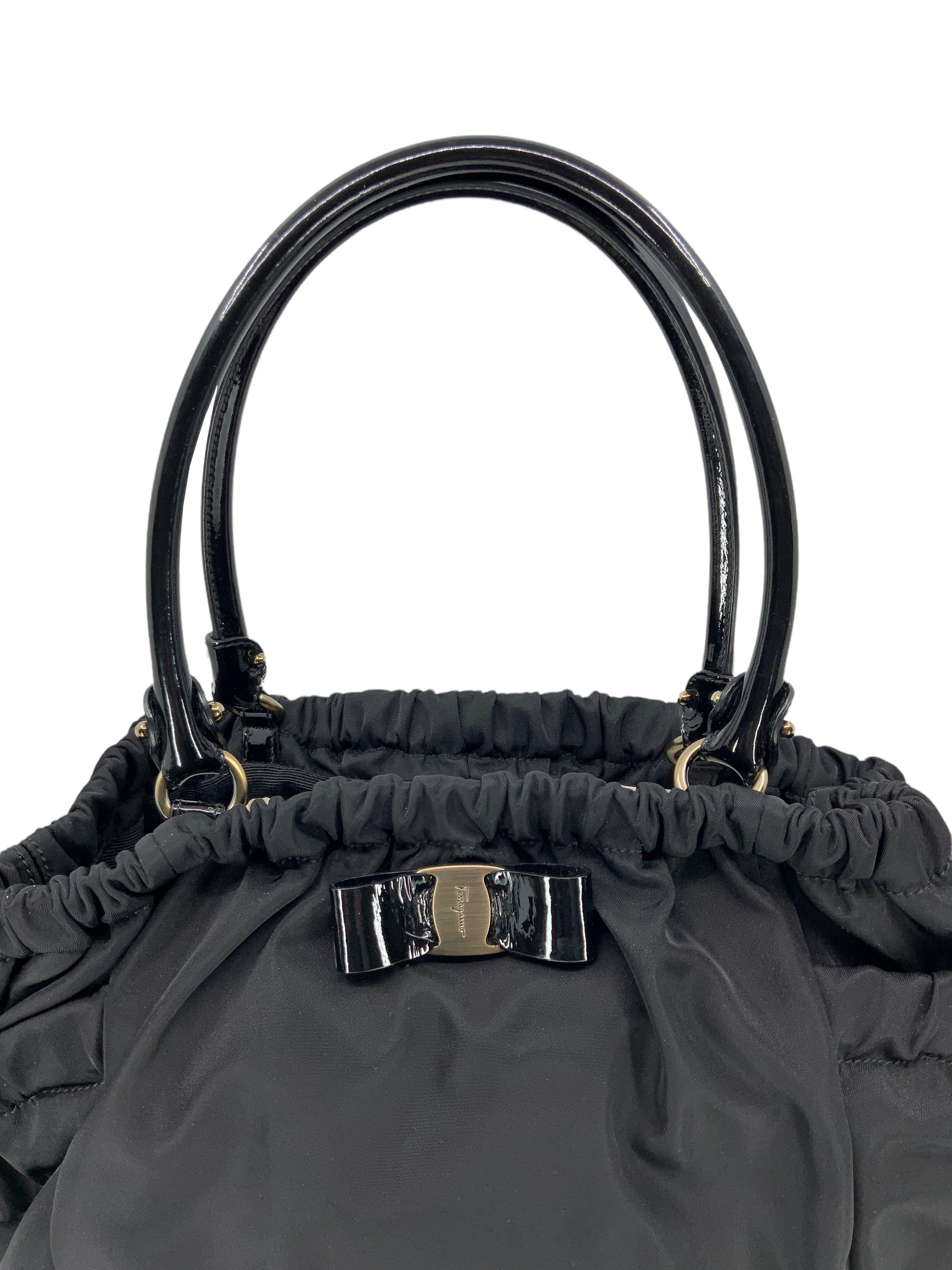 Salvatore Ferragamo Nylon Patent Leather Trim Vara Bow Tote Bag for Women | Luxury Designer Handbag for Work, Travel & Everyday Use