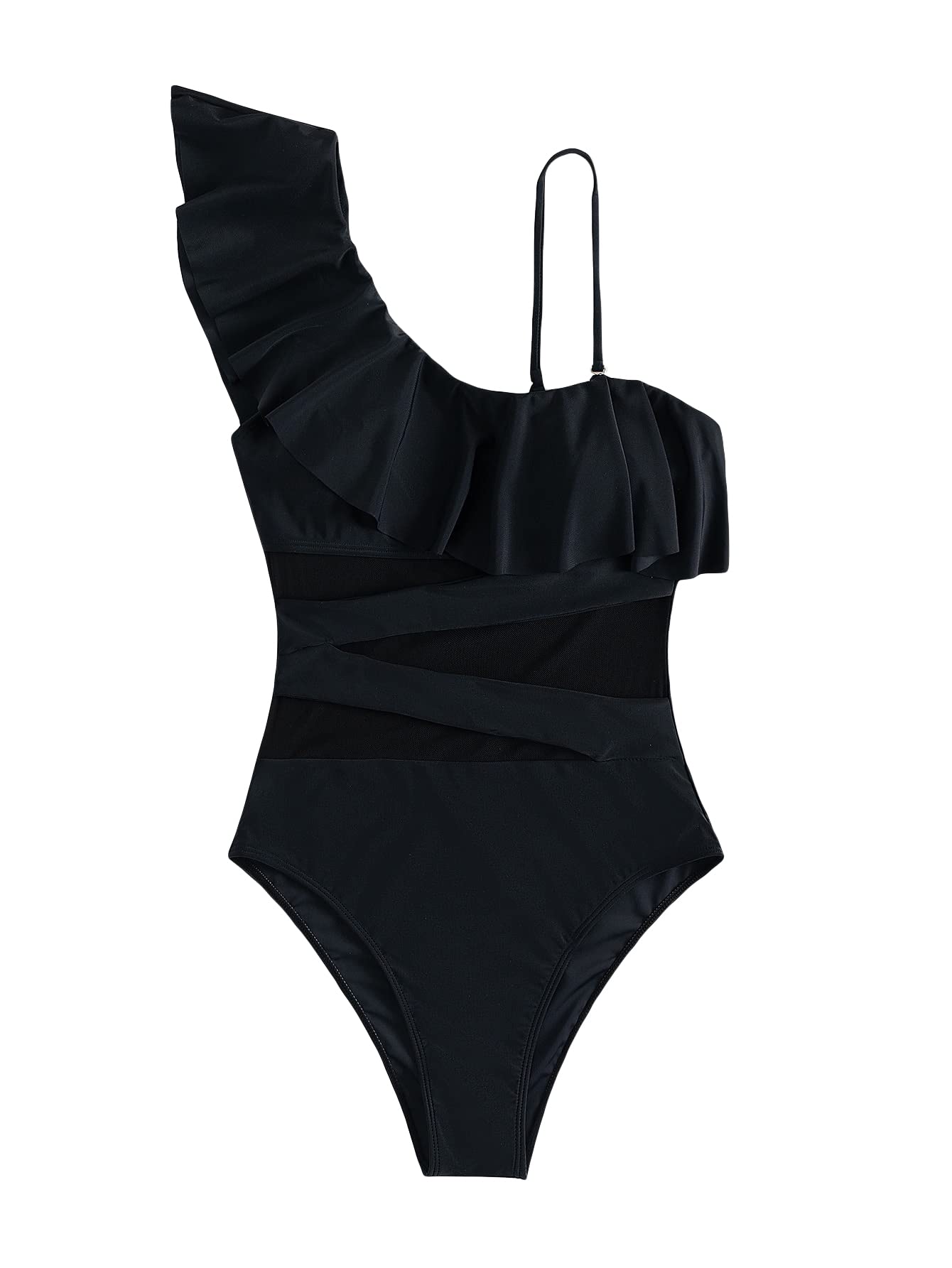 Milumia Women's One Shoulder Ruffled Swimsuit with Contrast Mesh Trim - Sexy One Piece Bathing Suit for Beach, Pool & Summer Vacations