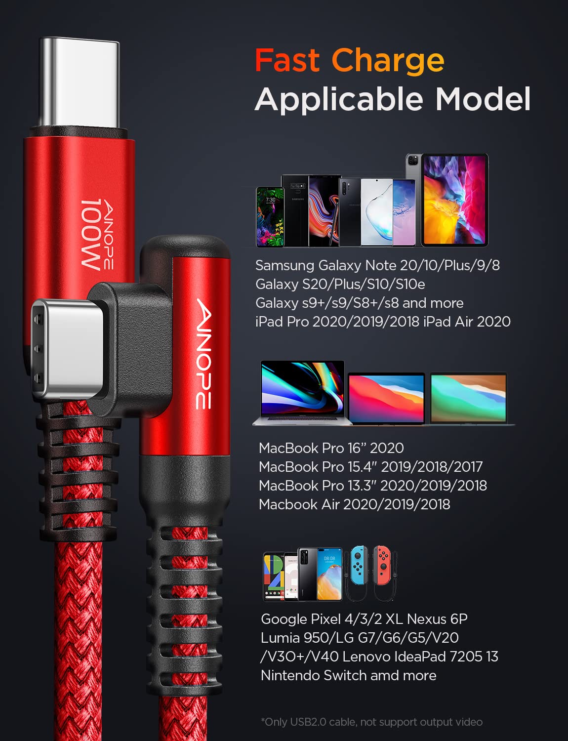 AINOPE USB C to USB C Cable 100W Fast Charging - 2 Pack 6.6ft Durable Right Angle Charger Cord for iPhone 16/Pro Max/Plus, MacBook, iPad Pro, Samsung Galaxy - PD Compatible (Red) | Perfect for Home, Office & Travel Charging