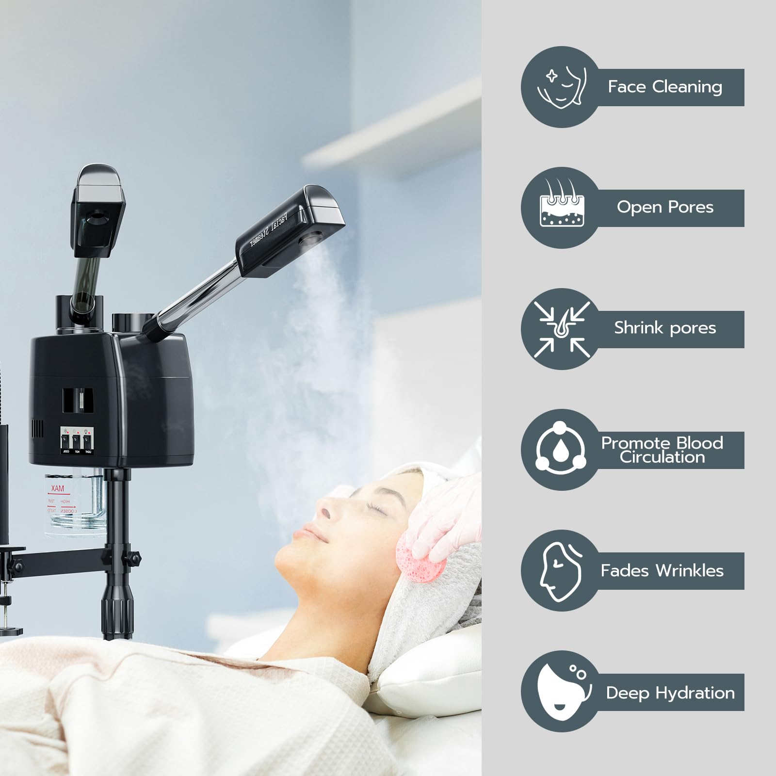 Professional 3-in-1 Facial Steamer with Wheels for Estheticians - Black Beauty Steamer with 5X LED Magnifying Lamp & Hot/Cold Mist Function | Perfect for Spa Treatments, Skin Care Clinics & Home Facial Therapy