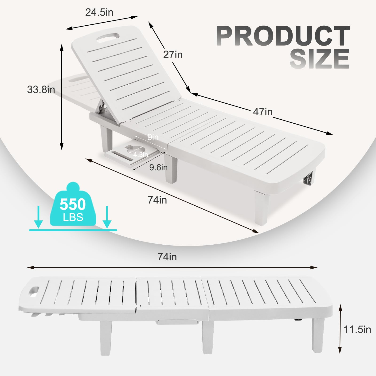 3-Piece Outdoor Chaise Lounge Set - Waterproof Resin Adjustable Recliner Chairs (5 Positions) for Patio, Pool, Beach & Backyard - All-Weather White Lounge Furniture - Perfect for Sunbathing, Relaxing & Outdoor Entertaining