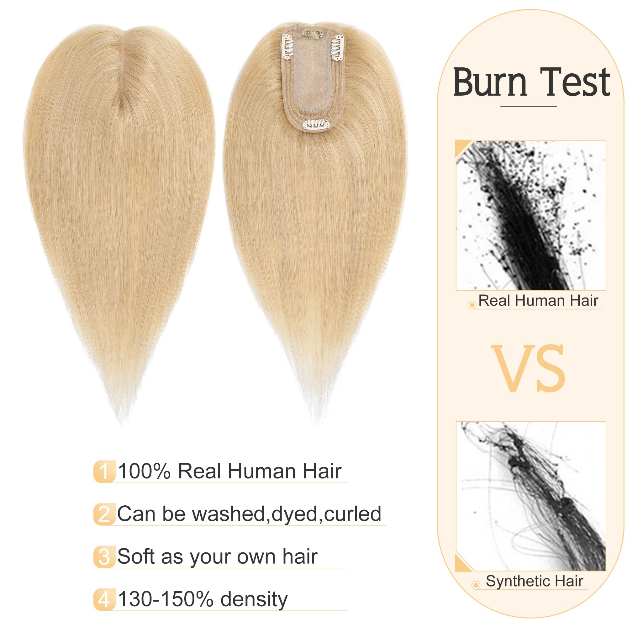 SEGO 100% Real Human Hair Toppers for Women with Thinning Hair - 7x13cm Silk Base Clip-in Top Wiglet, 16 Inch No Bangs Natural Blonde | Perfect for Daily Wear, Parties & Special Occasions