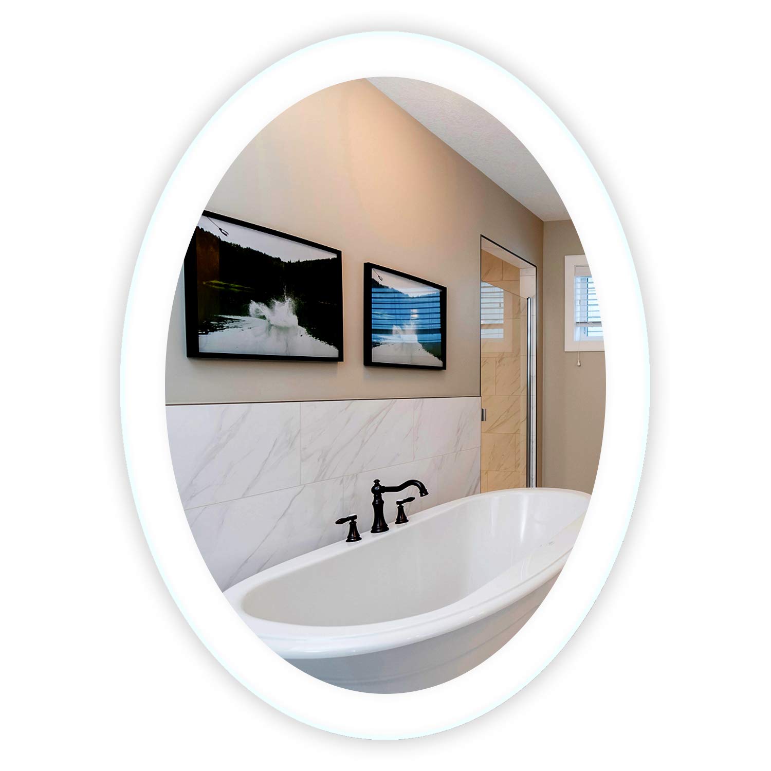 Oval LED Vanity Mirror with Marble Frame - Anti-Fog Bathroom Mirror for Makeup & Shaving - Wall Mounted Modern Decor - 24