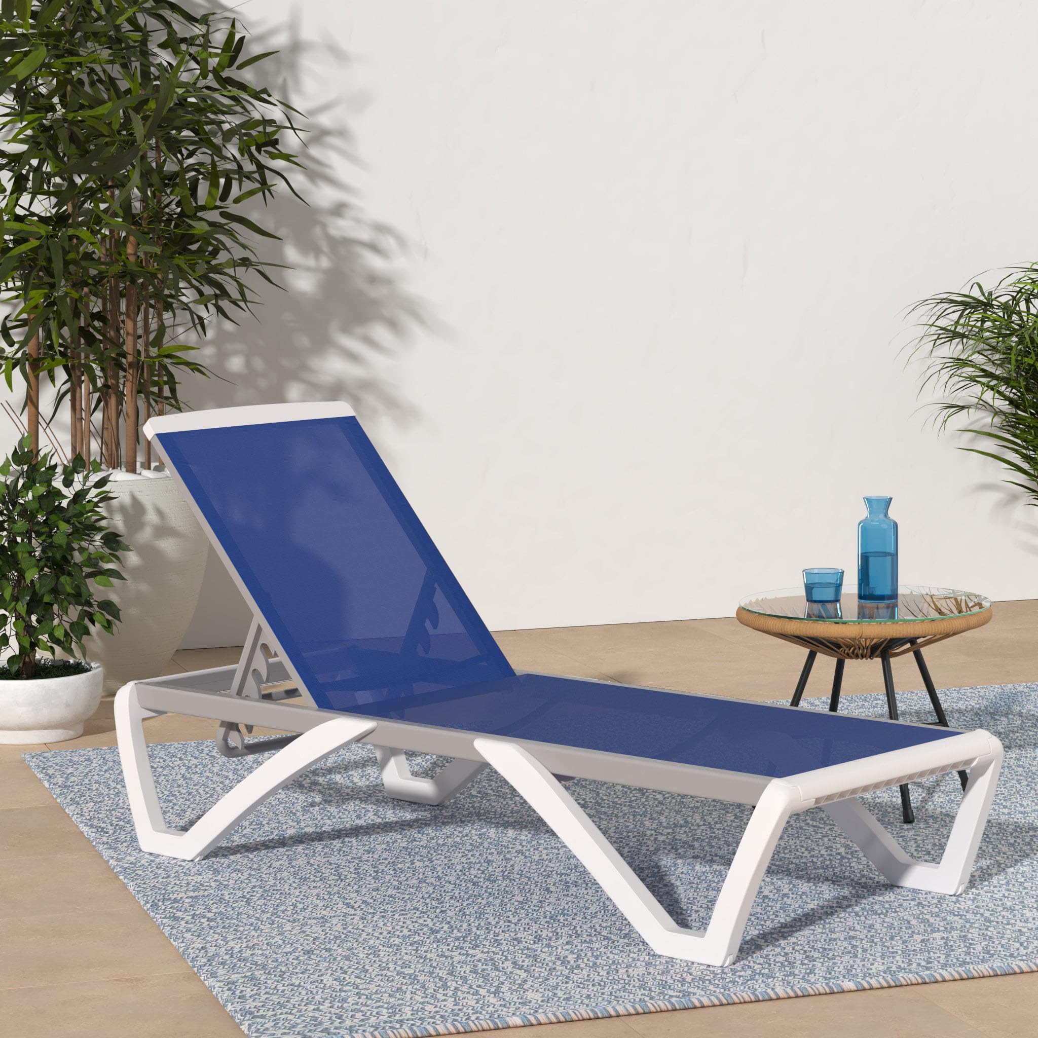 Kozyard Patio Chaise Lounge Chair - Adjustable Outdoor Recliner with Full Flat Aluminum & Resin Legs, Sunbathing Beach Chair for Poolside, Backyard, Garden - Blue Textilene Fabric (Perfect for Relaxing by the Pool, Beach Vacations and Backyard Lounging)