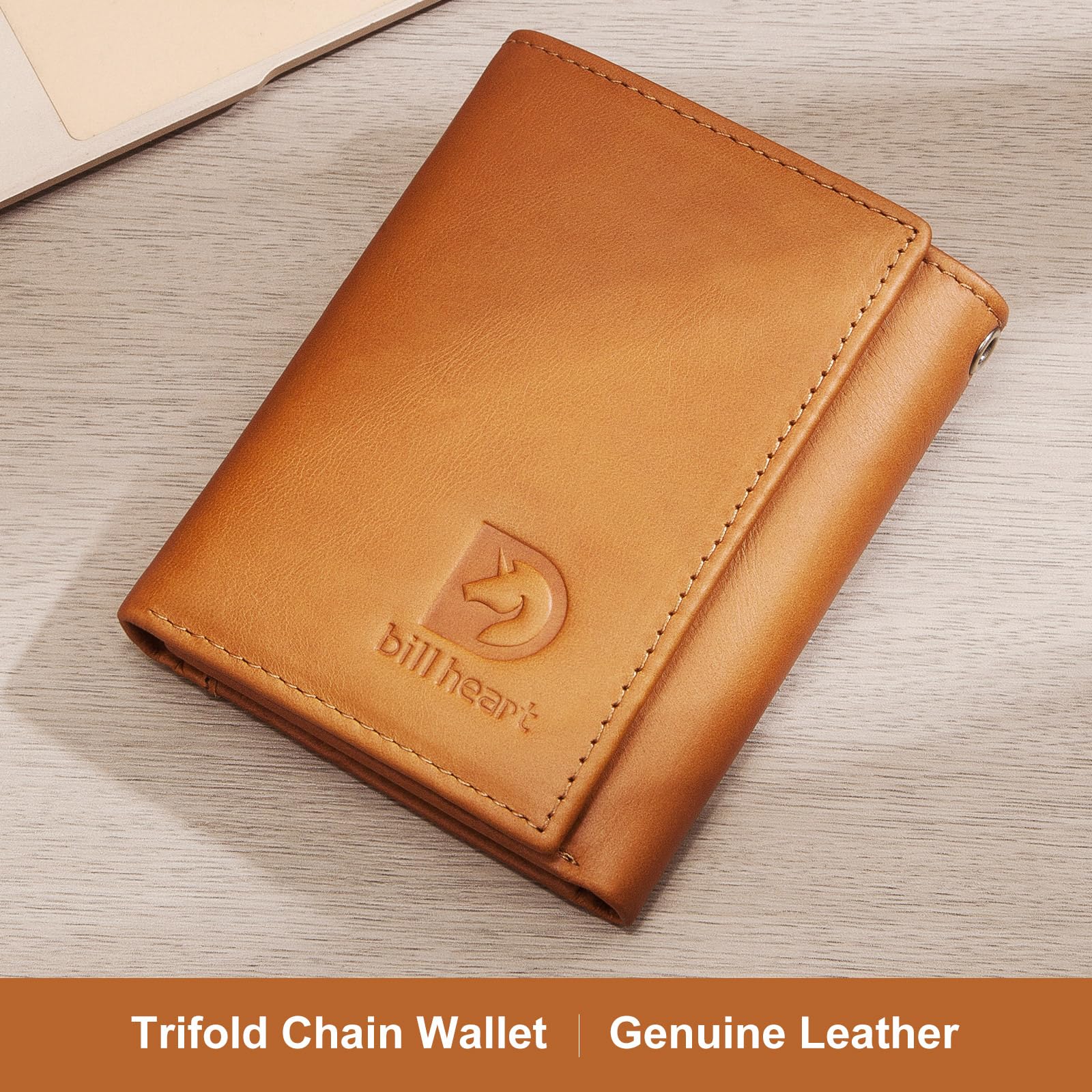 Men's Genuine Leather Biker Trifold Wallet with RFID Blocking & Anti-Theft Chain - Brown RFID Blocking Wallet with Coin Pocket for Motorcycle Riders & Travel Security