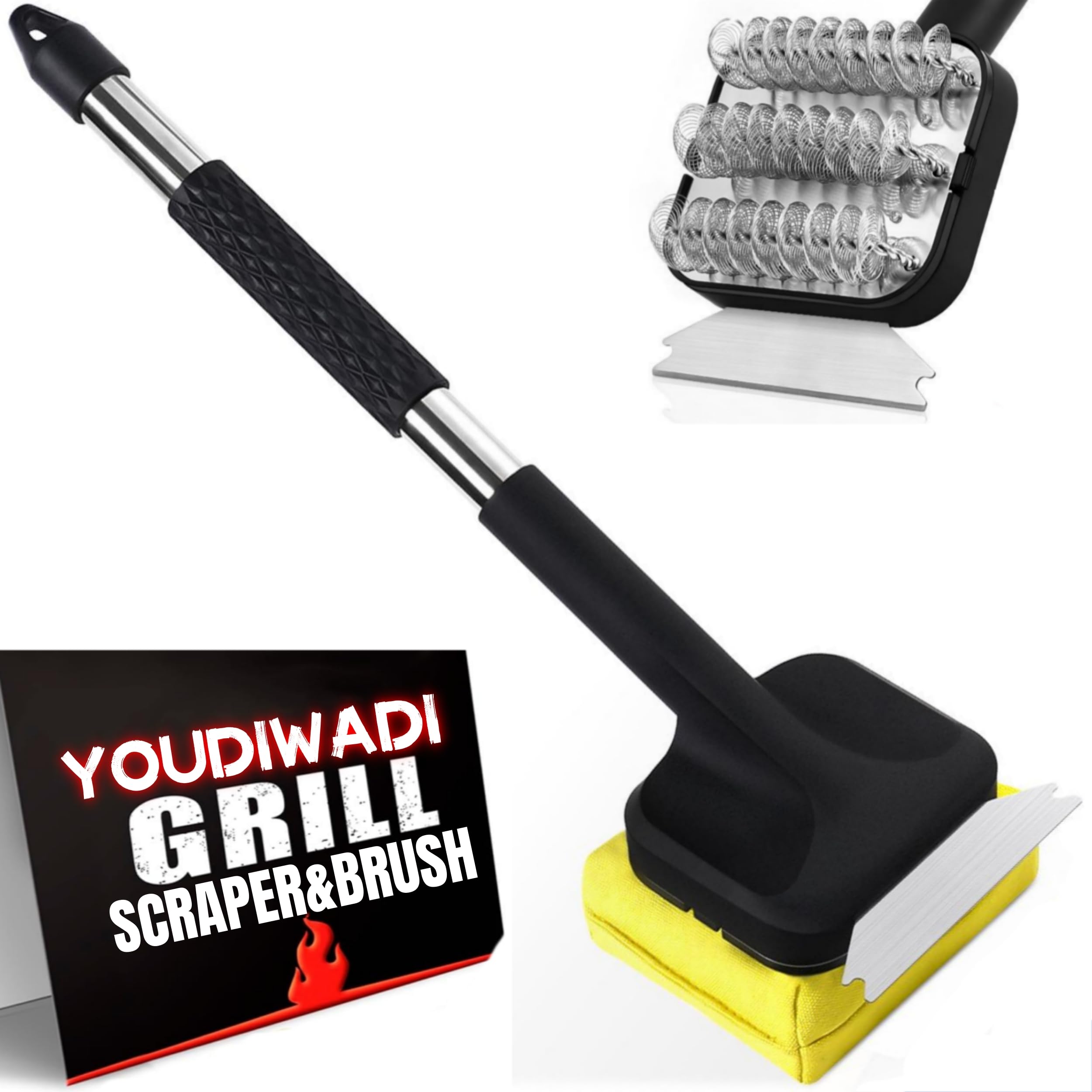 Bristle-Free BBQ Grill Brush - Safe Stainless Steel Grill Cleaner with Replaceable Head for Gas, Porcelain & Charbroil Grates | Perfect for Backyard Cookouts, Camping & Outdoor Grilling