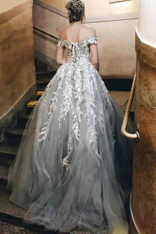 Elegant Off Shoulder Grey Lace Beaded A-Line Long Evening Prom Dress for Sweet 16 | Formal Gown for Homecoming, Wedding, and Special Occasions