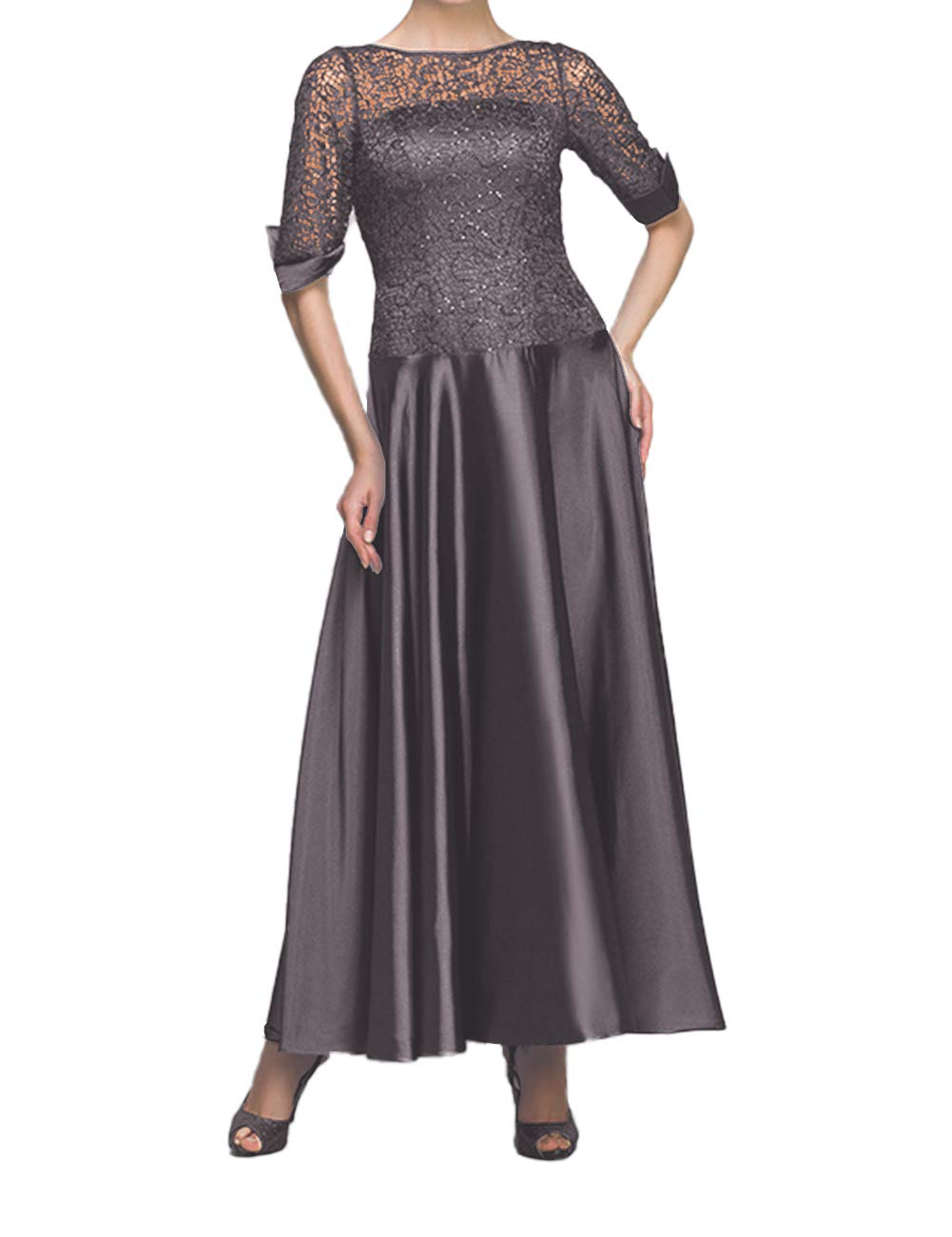 Elegant Tea-Length Mother of the Bride Dress - Long Sleeve Satin Formal Evening Gown for Women | Perfect for Weddings, Receptions & Special Occasions