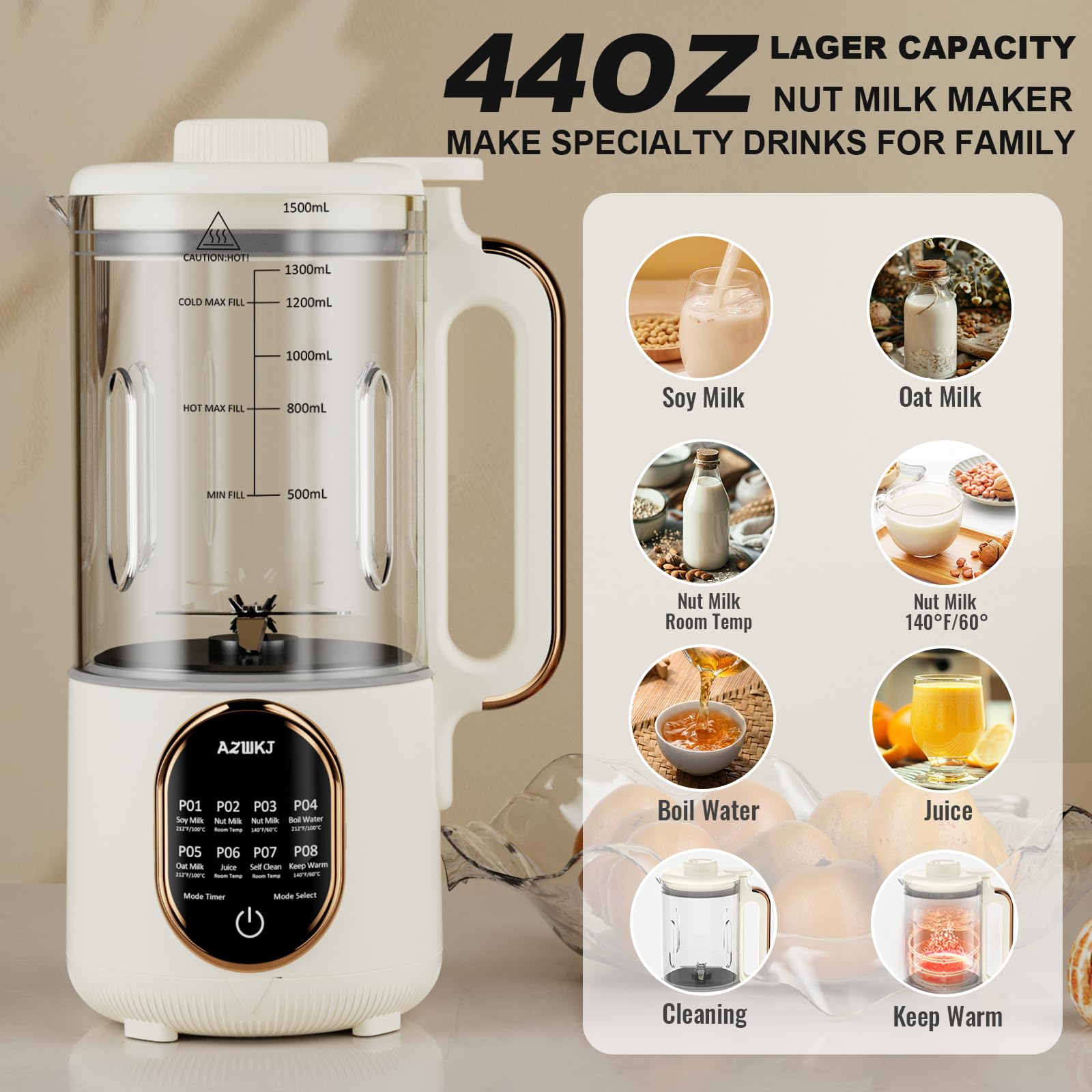 44oz Automatic Nut Milk Maker Machine - 8-in-1 Homemade Soy, Almond, Oat & Coconut Milk Maker with Delay Start & Self-Cleaning | Includes Digital Cookbook | Perfect for Vegan, Keto & Dairy-Free Diets
