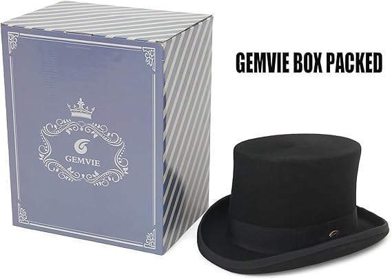 GEMVIE Men's 100% Wool Top Hat with Satin Lining - Elegant Derby Dress Hat for Formal Events, Weddings & Victorian Costume Parties - Black Classic Gentleman's Hat