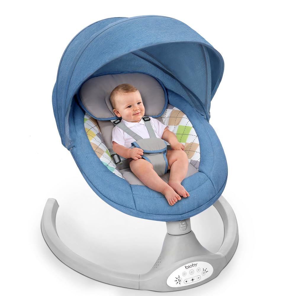 Bioby Baby Swing for Infants 0-12 Months - Portable Infant Rocker with 5 Speed Settings, Bluetooth Music, Remote Control & 5-Point Safety Harness - Lightweight Baby Bouncer for Newborns 5-20 lbs (Blue) - Perfect for Nursery, Living Room & Travel