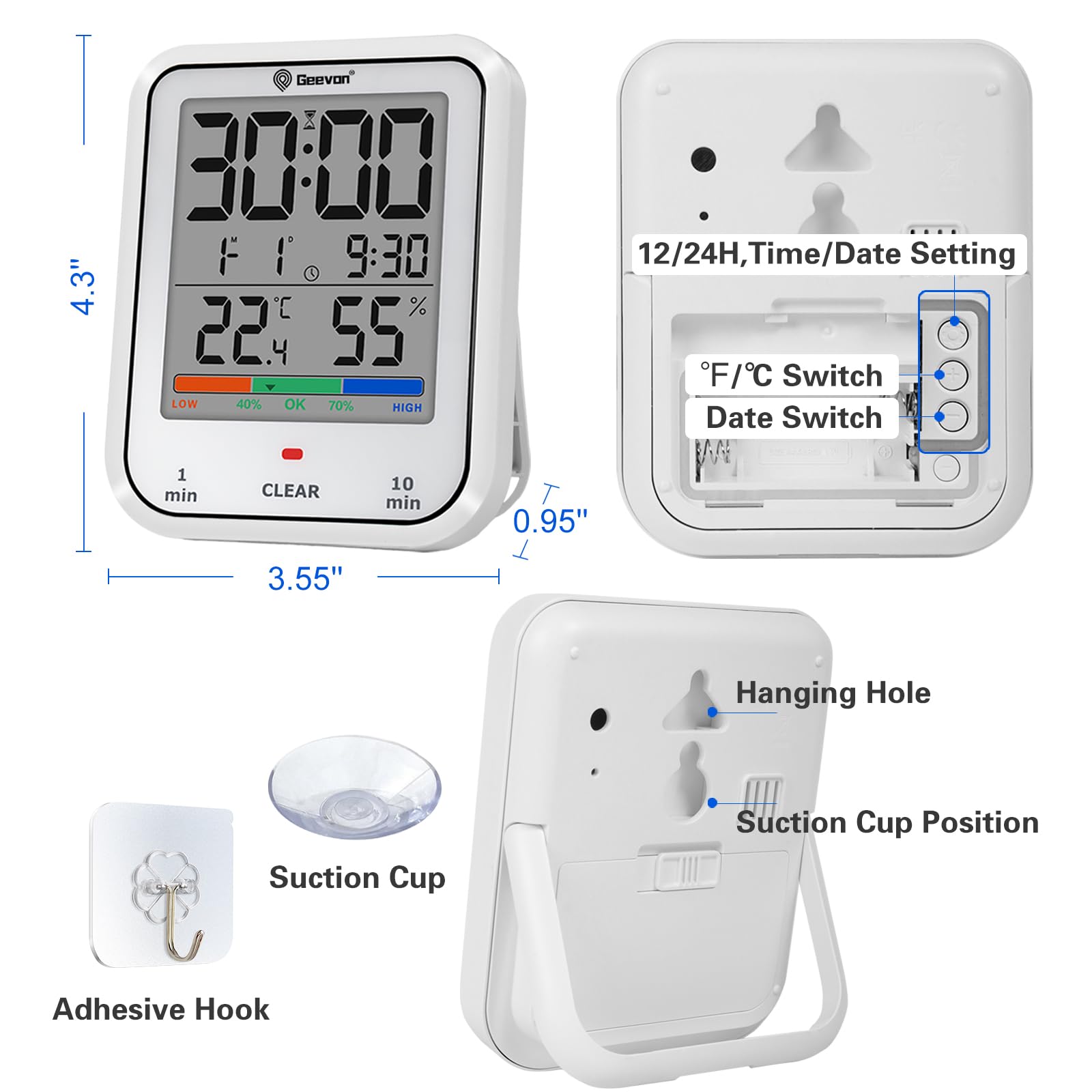 Geevon Digital Bathroom Clock - Waterproof Shower Timer with Large Touch Screen, Battery Operated Wall Clock with Temperature & Humidity Display - Suction Cup/Hanging Hole/Stand (White) - Perfect for Bathroom, Shower, Kitchen, Gym & Home Decor