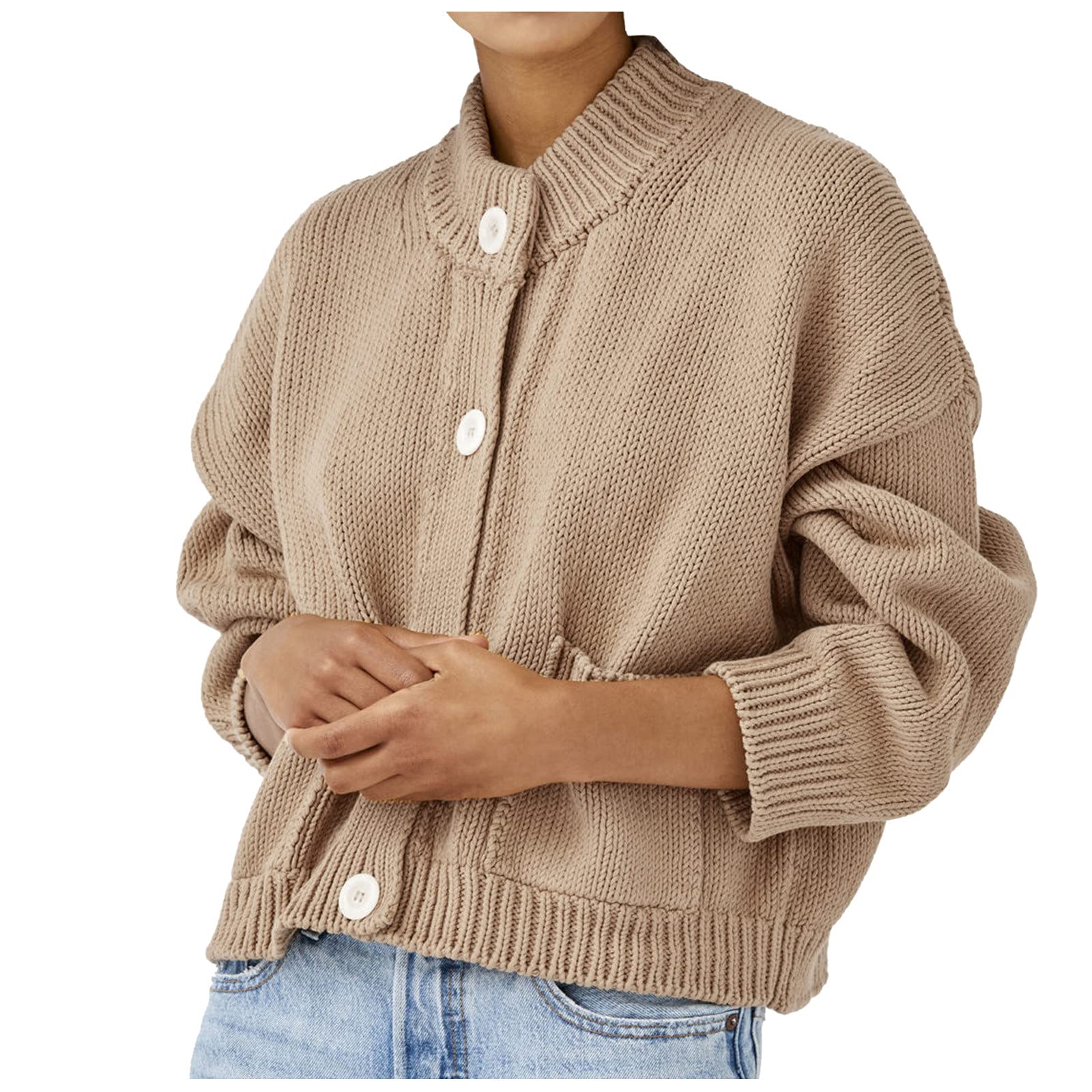 Gemira Women's Long Sleeve Button Up Knit Sweater - Winter High Collar Loose Overcoat, Lightweight Solid Coat for Casual Wear & Office Outfits