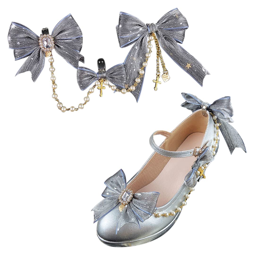 2 Pairs Detachable Gray Yarn Fabric Bow Shoe Clips with Charms - Elegant Shoe Accessories for Wedding Pumps, Flats & Sandals - Perfect for Bridal, Prom & Special Occasions