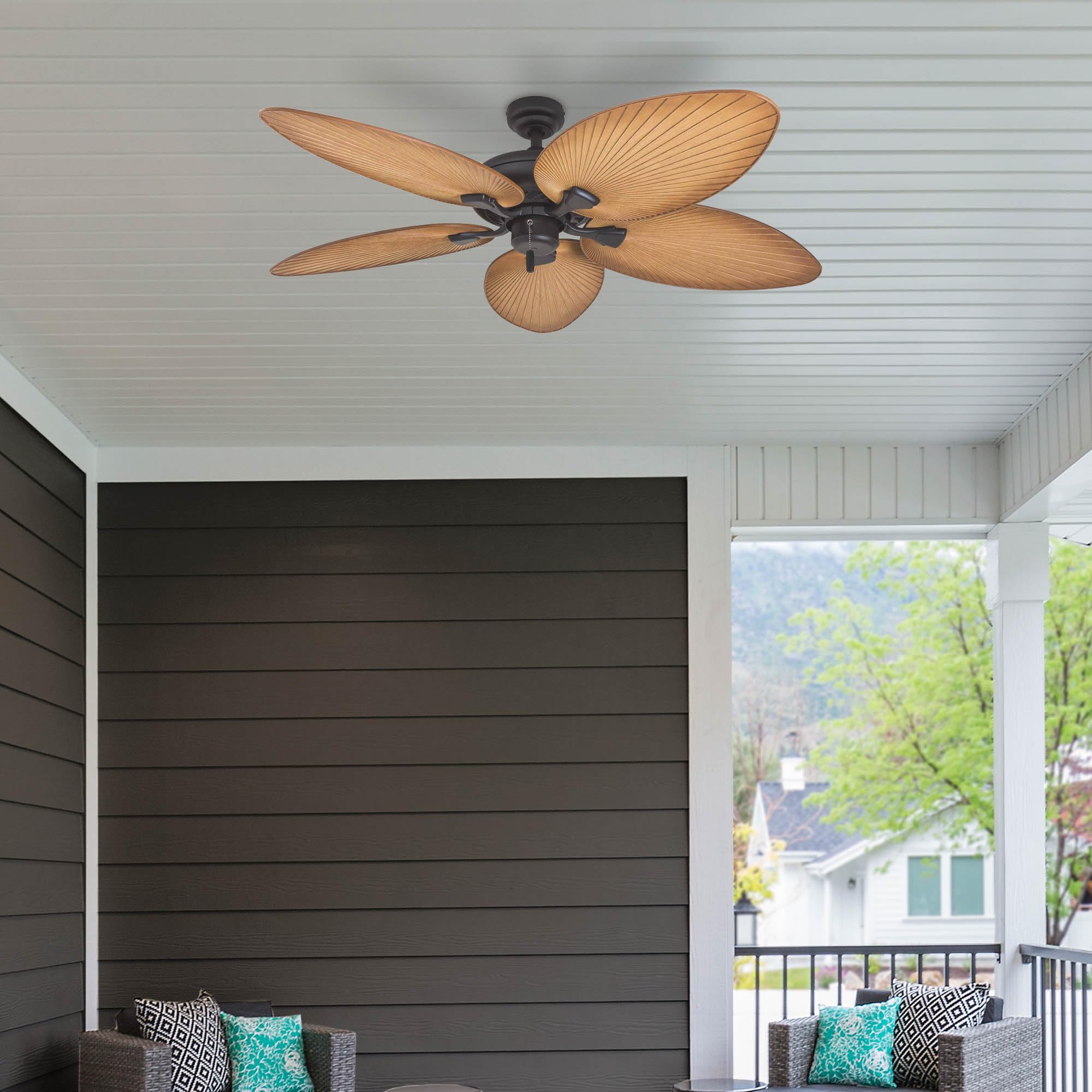 Honeywell 52 Inch Tropical Ceiling Fan for Indoor & Outdoor Use - No Light, Pull Chain, 3 Mounting Options, 5 Palm Leaf Blades, Damp-Rated (Model 50505-01, Bronze) - Perfect for Patio, Porch, Living Room & Bedroom Cooling