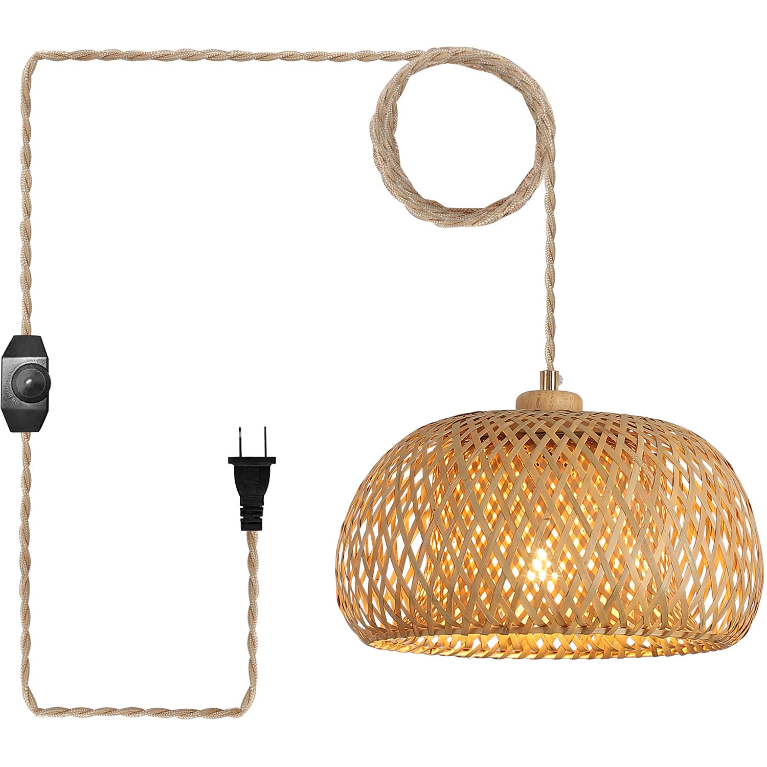 Handmade Bamboo Plug-in Pendant Light with 14ft Woven Cord - Dimmable Hanging Lamp for Farmhouse, Bedroom & Kitchen Island Decor | Perfect for Rustic Living Room, Dining Area and Cozy Reading Nook Lighting