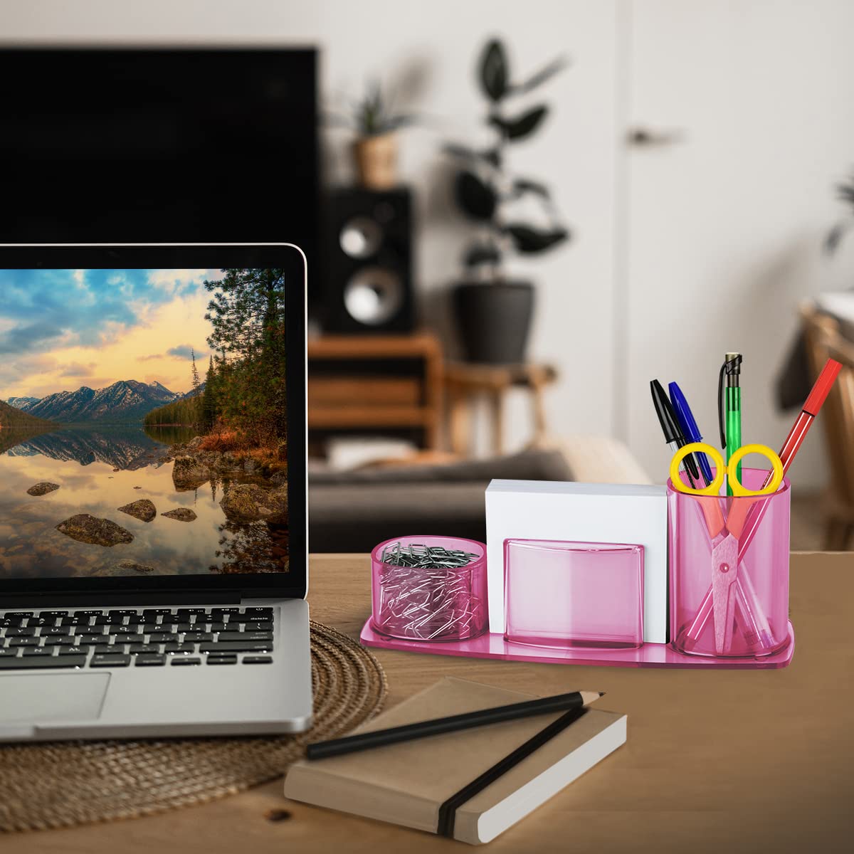 Acrimet Millennium Clear Pink Plastic Desktop Organizer - Pen, Pencil, Clip & Paper Holder with Included Paper - Perfect for Office, School & Home Desk Organization