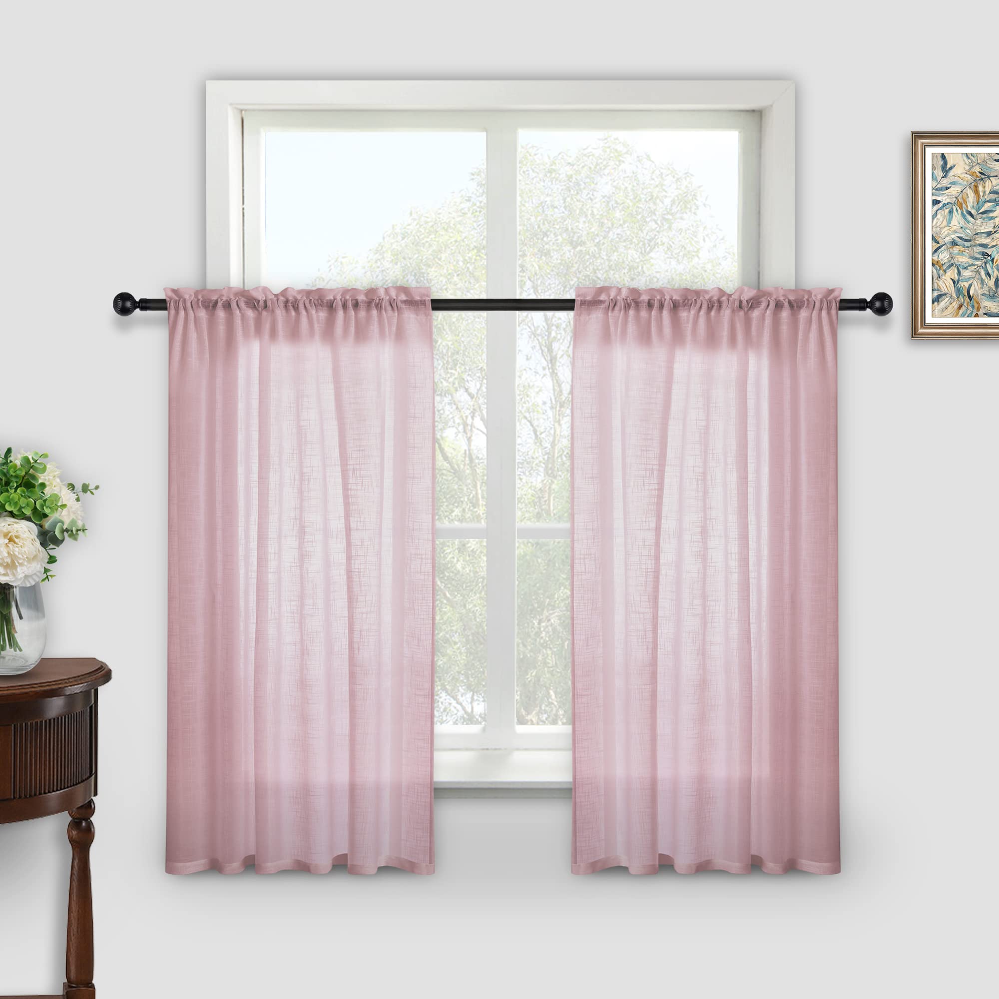 Kinryb Pink Sheer Curtains 52x36 Inches - Light Filtering Semi-Transparent Faux Linen Window Drapes with Rod Pocket, Soft Pink Kitchen Curtains for Small Windows (1 Pair) - Perfect for Bedroom, Living Room & Bathroom Privacy
