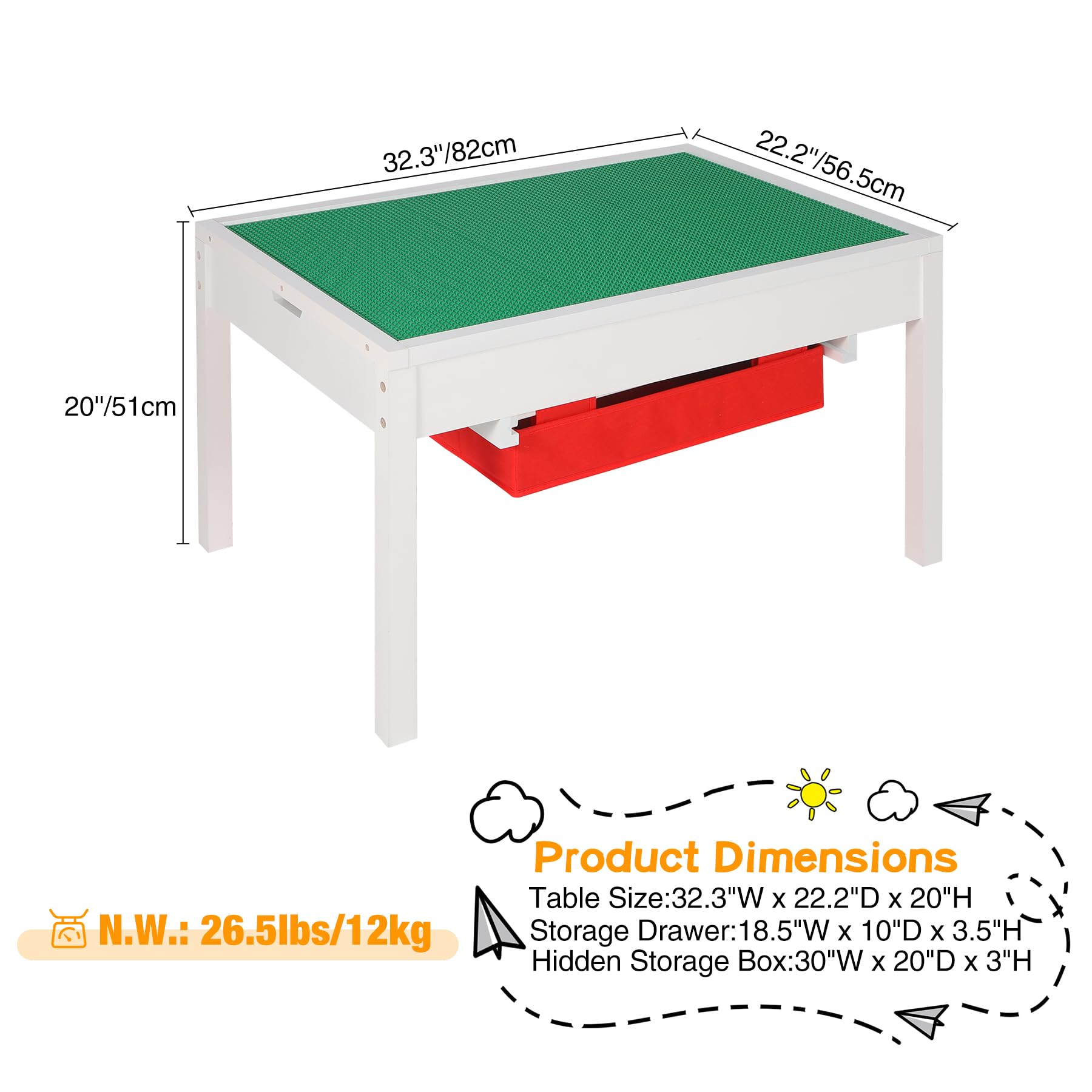 RedSwing 2-in-1 Kids Activity Table with Storage | Large Play Table for Boys & Girls Ages 5-12 | White Multi-Functional Kids Furniture for Arts, Crafts & Learning Activities