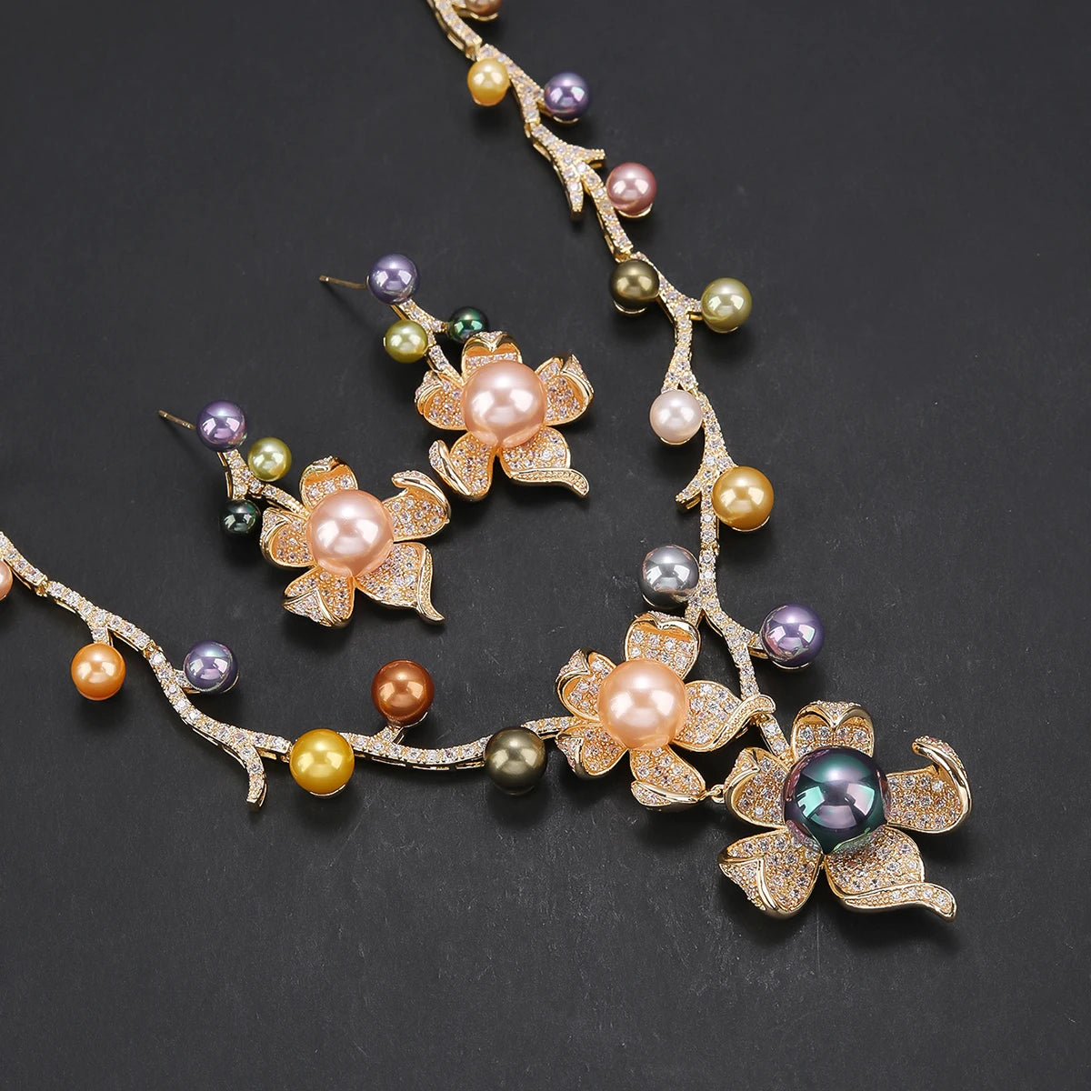 2-Piece Cubic Zirconia Pearl Flower Necklace & Earrings Set for Women - Elegant Wedding & Party Jewelry - Perfect for Bridal, Prom, Anniversary & Formal Events