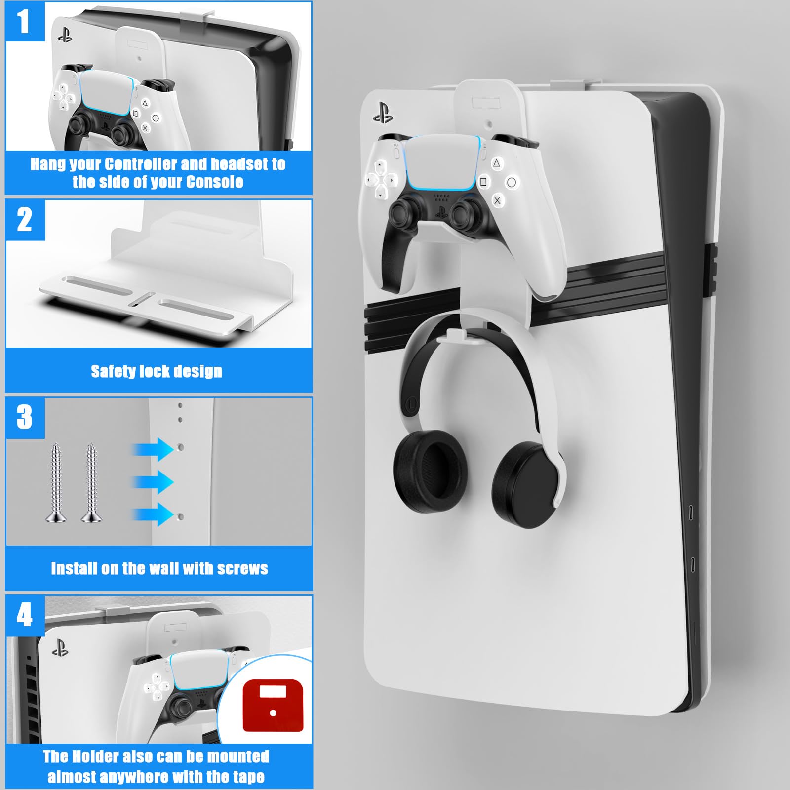 PS5 Slim Wall Mount Bracket - Heavy Duty Steel Wall Mount for PlayStation 5 Slim with Controller Headset Holder (White) | Perfect for Gaming Room Setup & Space-Saving Console Storage
