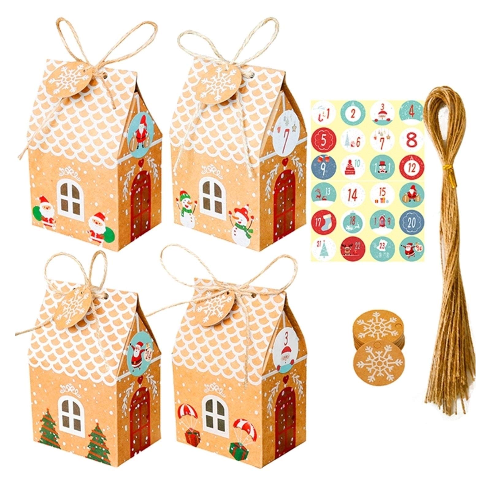 24 Sets Christmas House Gift Box - Kraft Paper Cookies Candy Bags with Snowflake Tags & Hemp Rope - 1-24 Advent Calendar Stickers for Holiday Treats & Party Favors - Perfect for Christmas Countdown, Gift Wrapping & DIY Decorations