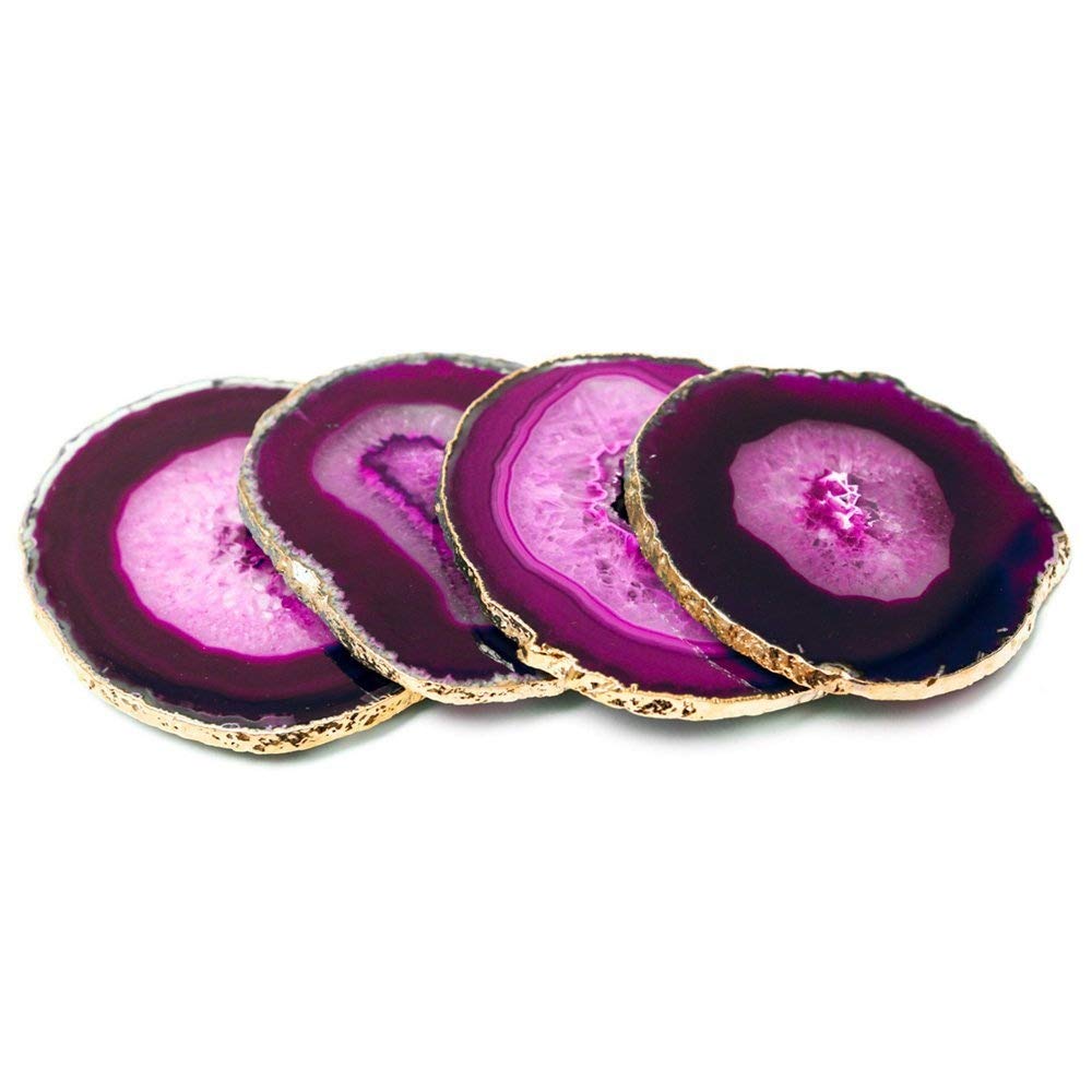 4-Piece Pink Agate Stone Coasters with Gold Trim - Elegant Table Decor for Coffee Tables, Dining Tables, and Home Styling