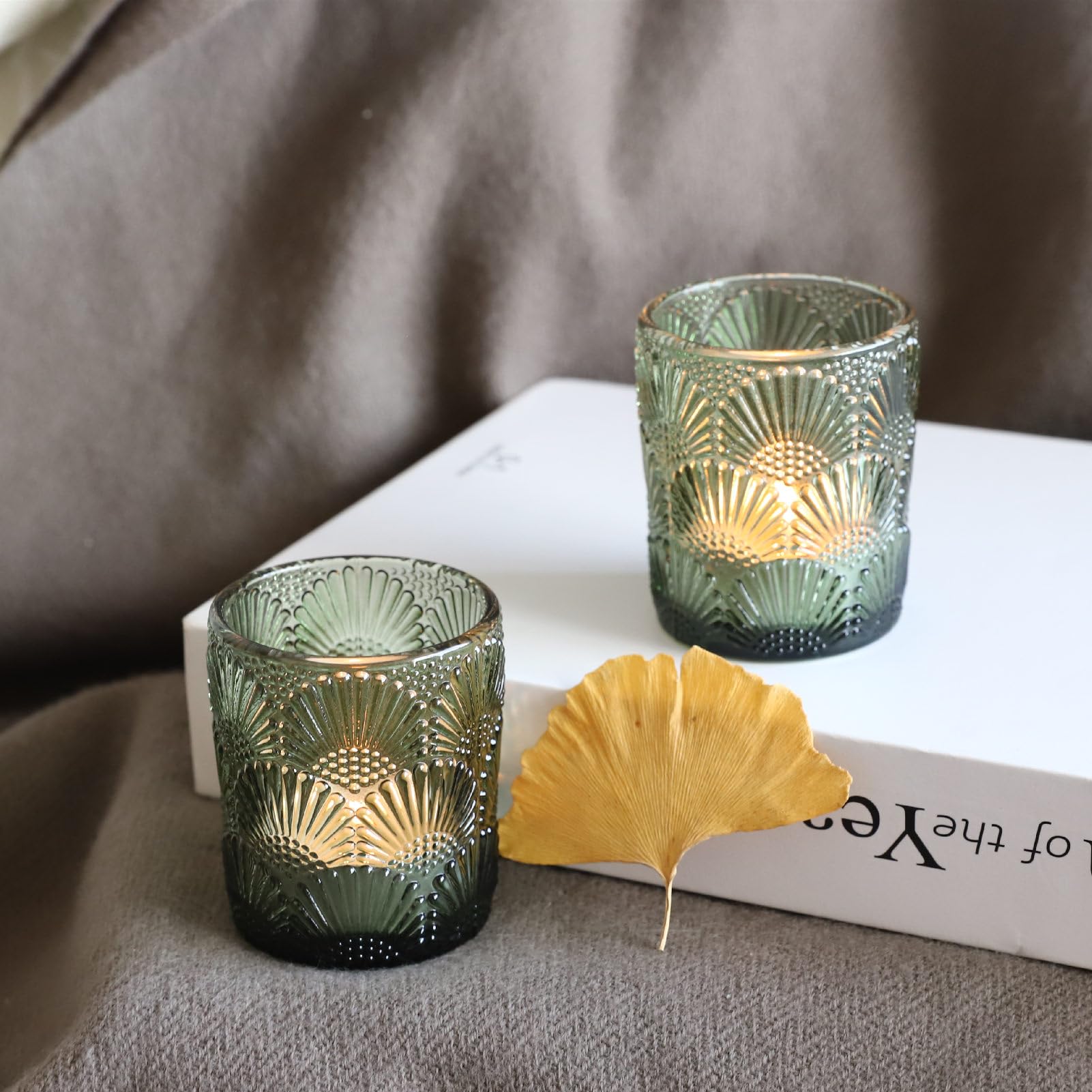 Woho Set of 12 Green Glass Votive Candle Holders - Tealight Candle Holders for Wedding Centerpieces, Fall Decor, Thanksgiving & Christmas Table Decorations - Perfect for Romantic Dinners, Holiday Parties & Home Ambiance