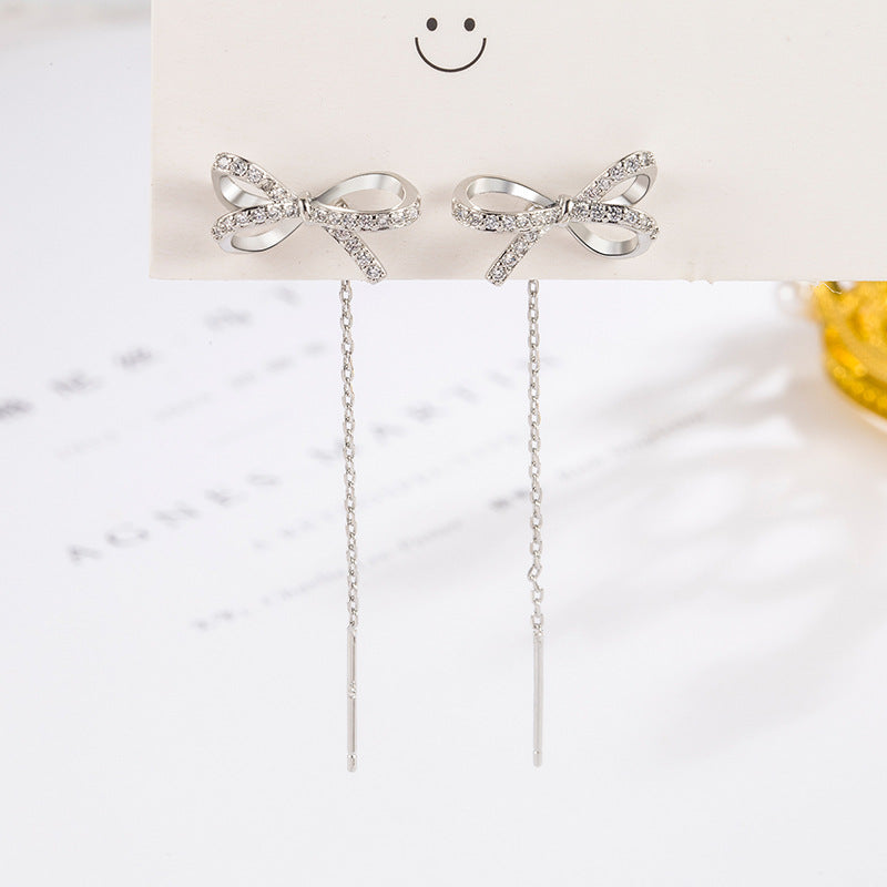 Gold Bow Tassel Fringe Threader Earrings for Women - Elegant Dangle Drop Earrings for Parties, Weddings & Special Occasions | R0016