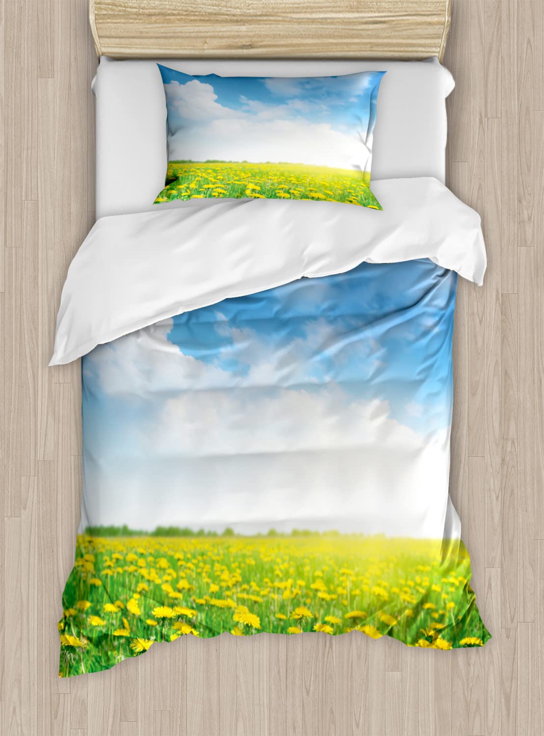 Ambesonne Yellow and Blue Duvet Cover Set - Summer Daisy Flower Field Design, Refreshing Grassland Theme, 2-Piece Twin Size Bedding Set with 2 Duvet Covers & 2 Pillowcases (Green, Blue, Yellow) - Perfect for Summer Bedrooms, Guest Rooms, and Dorm Decor