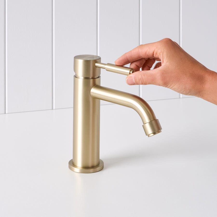 Melbourne Short Basin Mixer Tap - Brushed Nickel Finish - Warm Water Mixer for Bathroom Sink - Perfect for Modern Home & Hotel Renovations