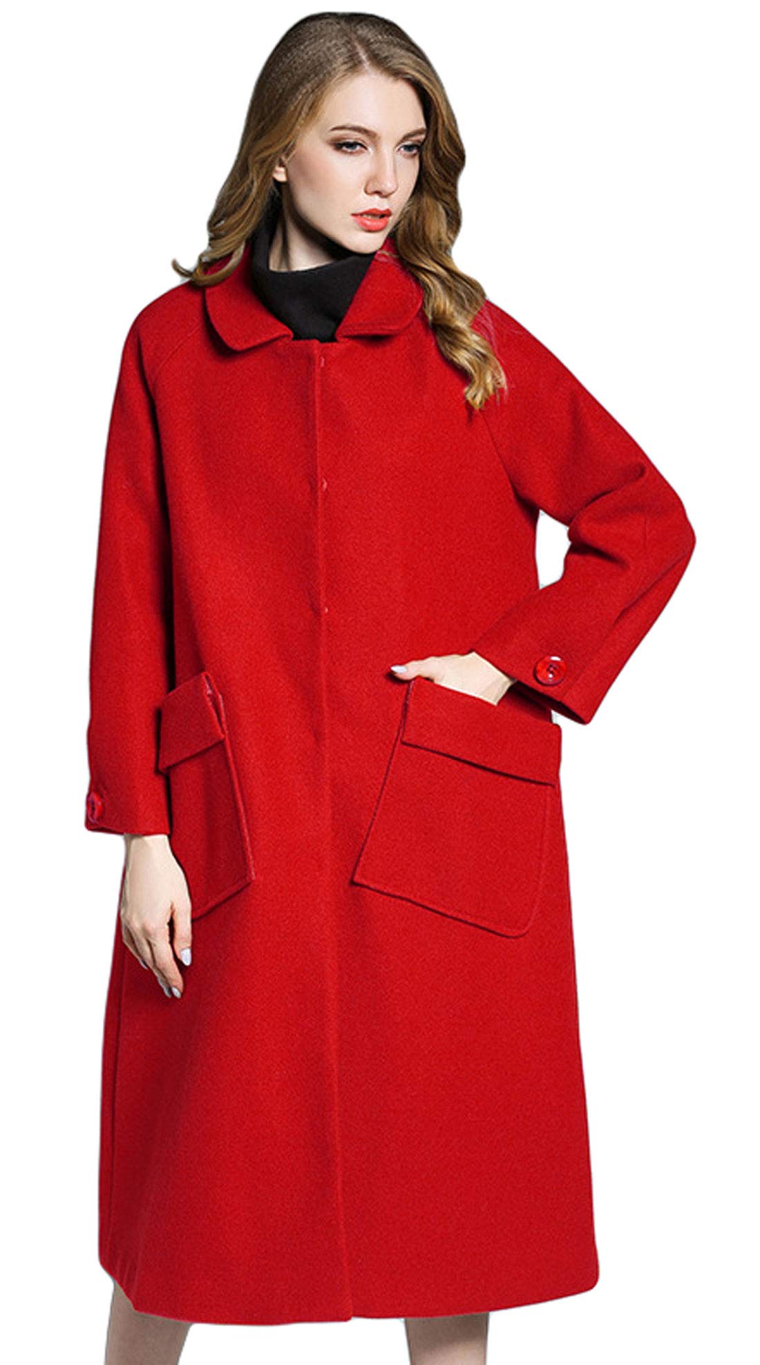 Women's Stylish Turn Down Collar Wool Coat with Large Pockets - Button Front Long Winter Coat for Office, Dating & Outdoor Activities