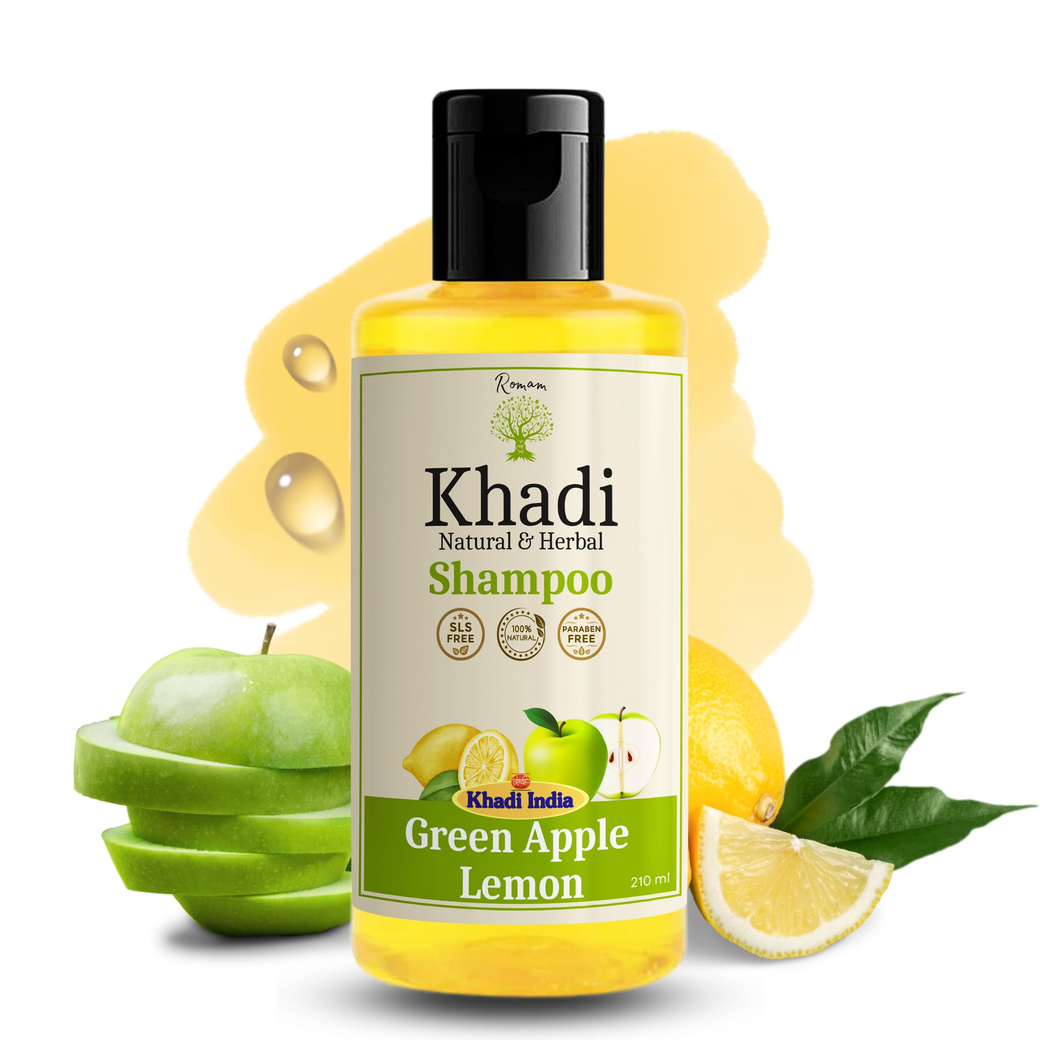 KHADI Green Apple & Lemon Shampoo with Vitamins A, B & C - Natural Anti-Dandruff Treatment | SLS & Paraben Free (210ml) | For Dry, Itchy Scalp & Healthy Hair Growth | Perfect for Daily Use & Sensitive Scalp Care