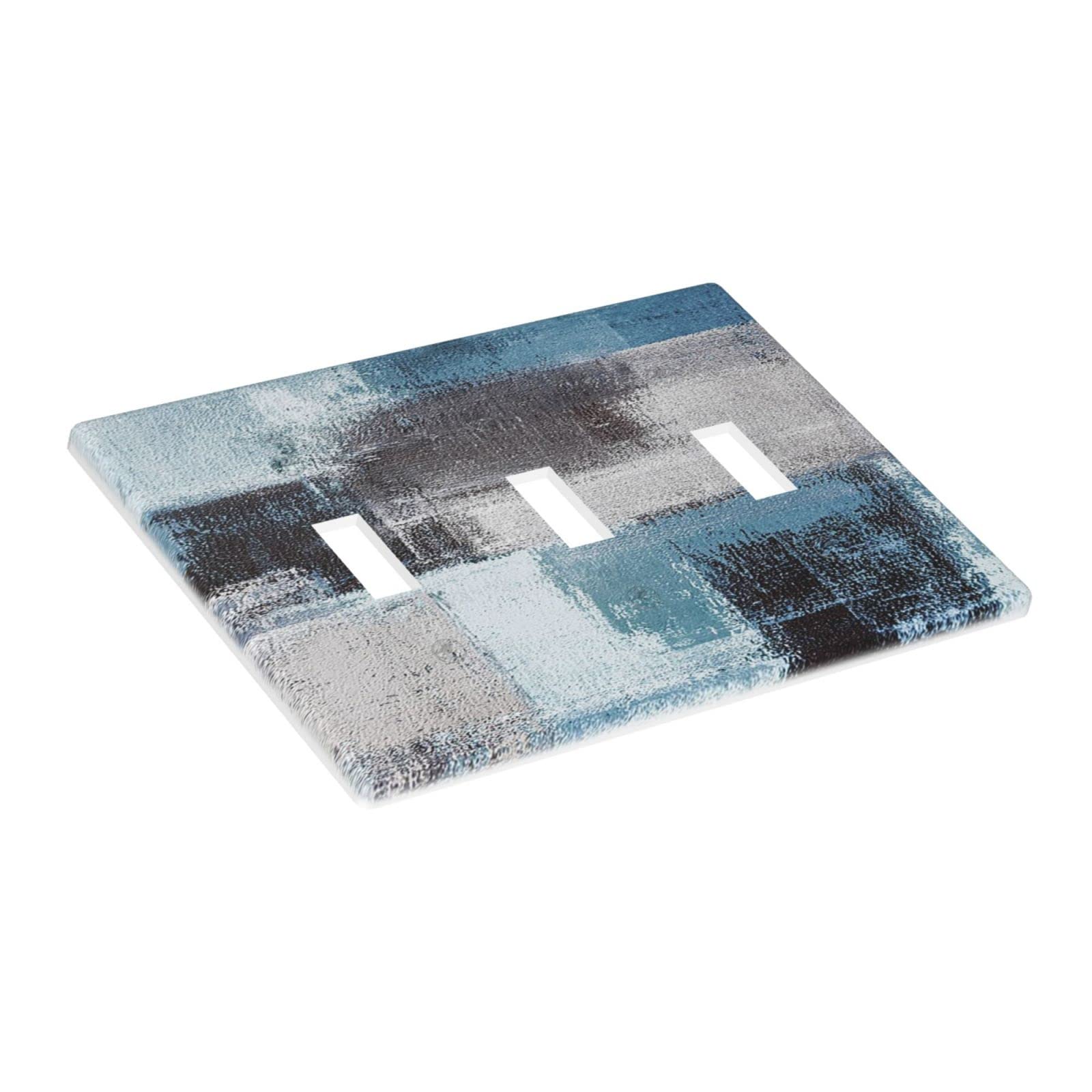 Abstract Blue Gray Black Triple Toggle Light Switch Cover - Decorative 3 Gang Wall Plate for Living Room, Bedroom - 4.5