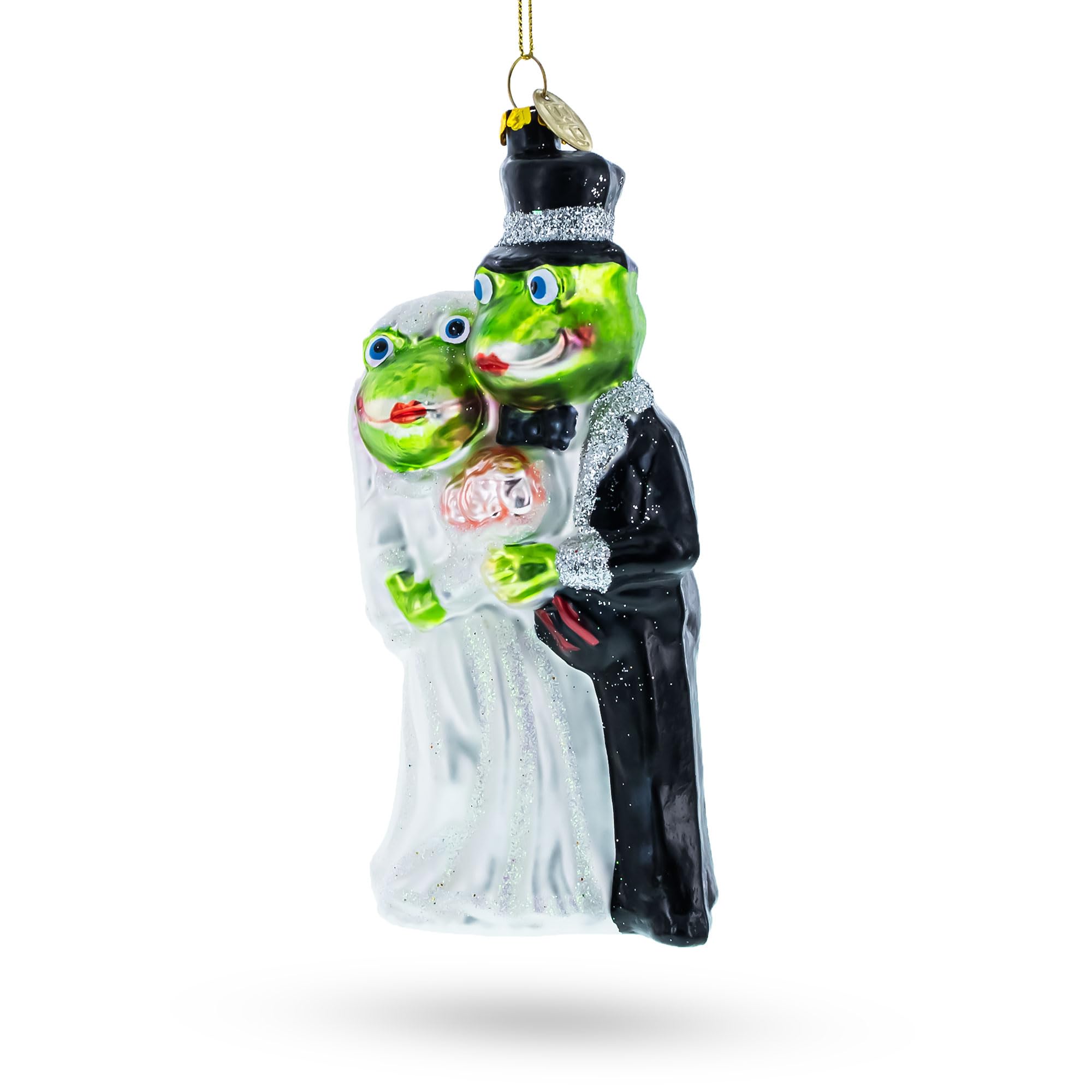 Enchanting Frog Bride and Groom Glass Christmas Ornament - Handmade Holiday Decoration for Tree, Gift, and Winter Wedding Decor