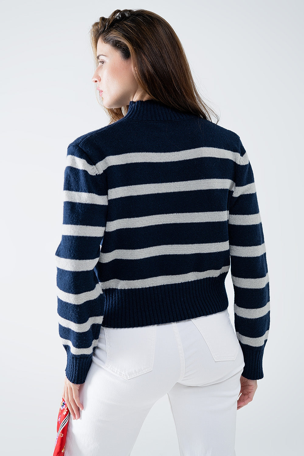 Men's Striped Pullover High Neck Sweater in Navy Blue & Gray - Perfect for Casual Wear, Office Outfits, and Winter Layering