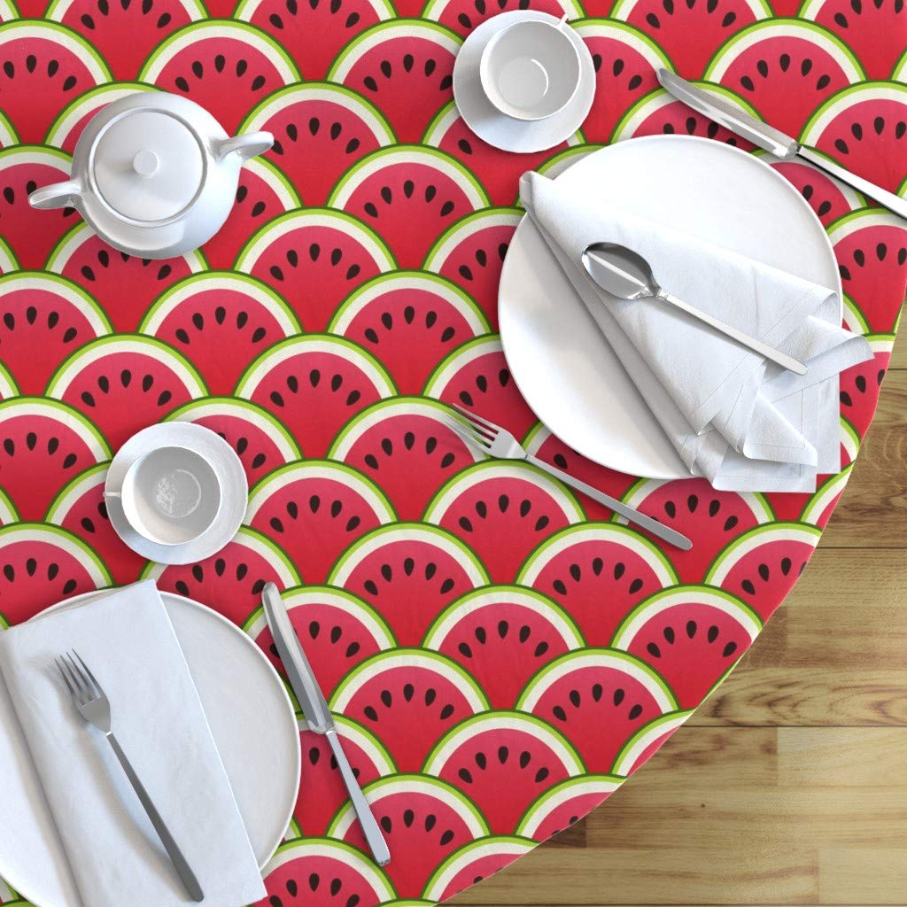 Custom Watermelon Summer Seeds Red Fruit Print Cotton Sateen Tablecloth - 70 Inch Round Dining Table Cover for Outdoor Picnics, Summer Parties & Farmhouse Decor