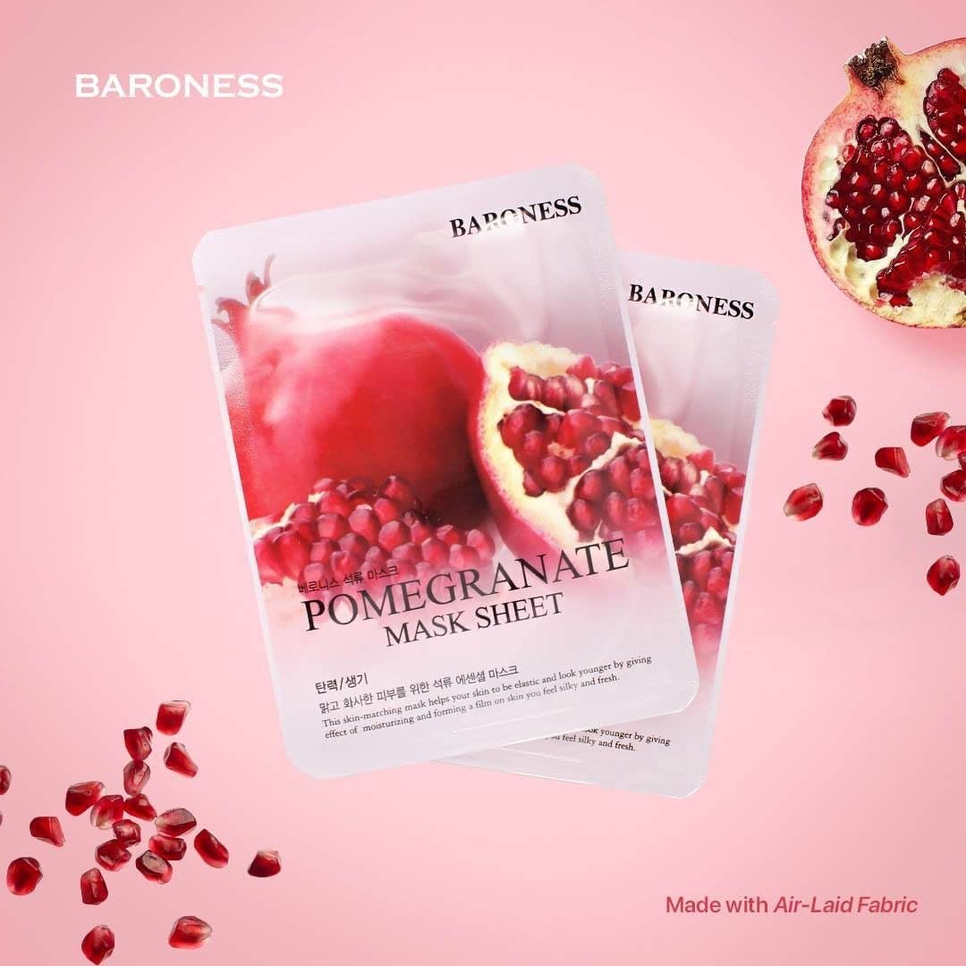 Baroness Pomegranate Sheet Mask - Hydrating & Brightening Facial Mask (Pack of 2) | Korean Skincare for Glowing Skin - Perfect for Spa Night & Self-Care Routine
