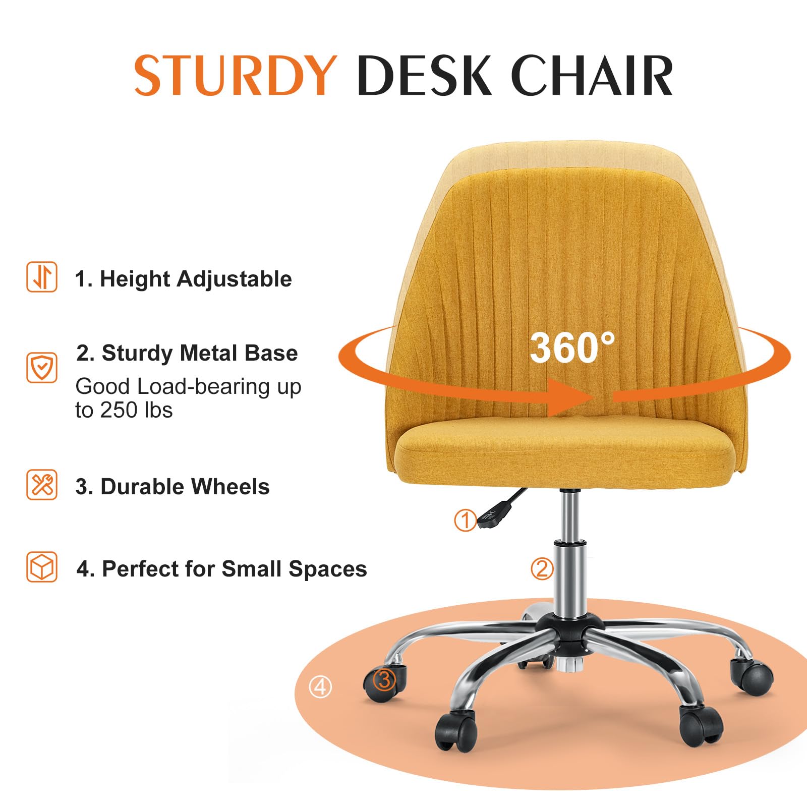 Sweetcrispy Armless Office Chair - Modern Fabric Swivel Desk Chair with Wheels & Adjustable Height, Ergonomic Computer Task Chair for Home Office, Small Spaces | Perfect for Workstations, Gaming & Vanity Areas