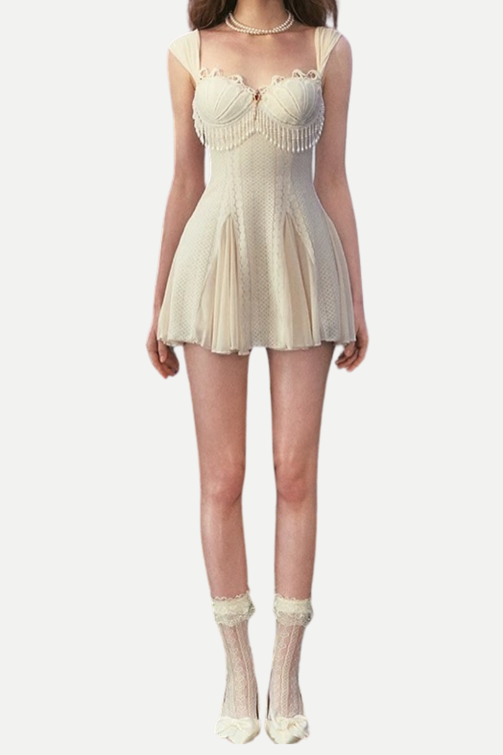 Atalanta Embellished Flared Mini Dress in Cream White - Perfect for Parties, Weddings & Special Occasions