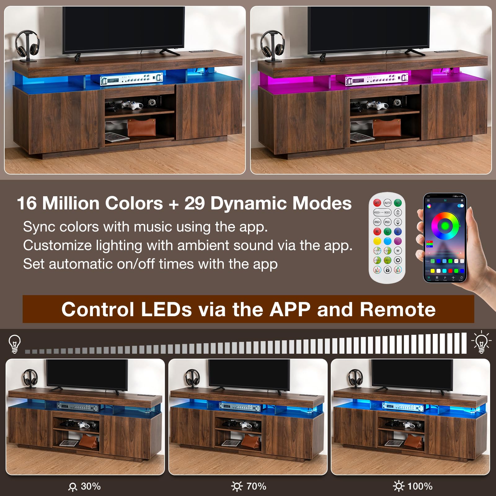 HOMMPA Modern Industrial TV Stand and Coffee Table Set of 2 - LED Entertainment Center for 55/65/70 Inch Gaming TV Console with Lift Top - Walnut Living Room Furniture for Gaming & Movie Nights