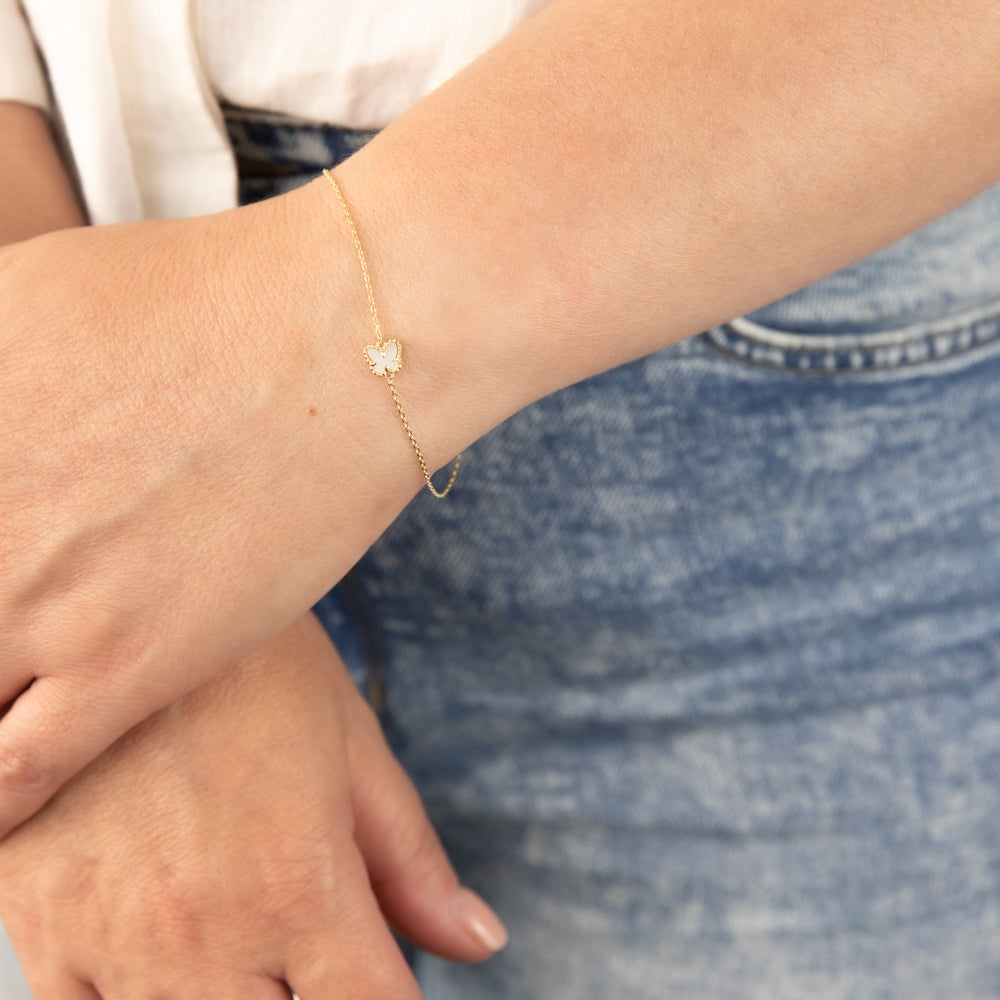 9ct Yellow Gold 19.70cm Butterfly and Mother of Pearl Bracelet - Elegant Jewelry Gift for Women, Perfect for Weddings & Special Occasions