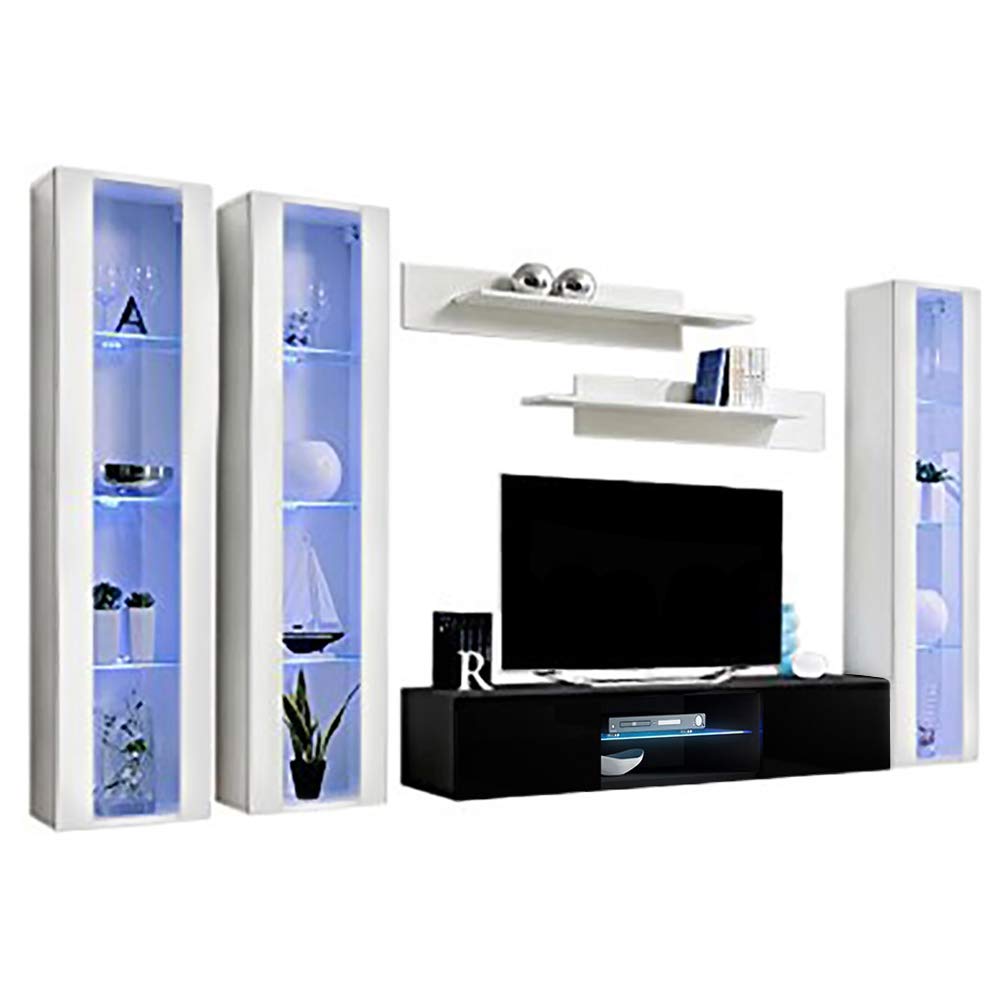 Modern Floating TV Stand with Storage & LED Lights - Wall-Mounted Entertainment Center Console for Bedroom & Living Room - White/Black - Perfect for Small Spaces & Home Theater Setup