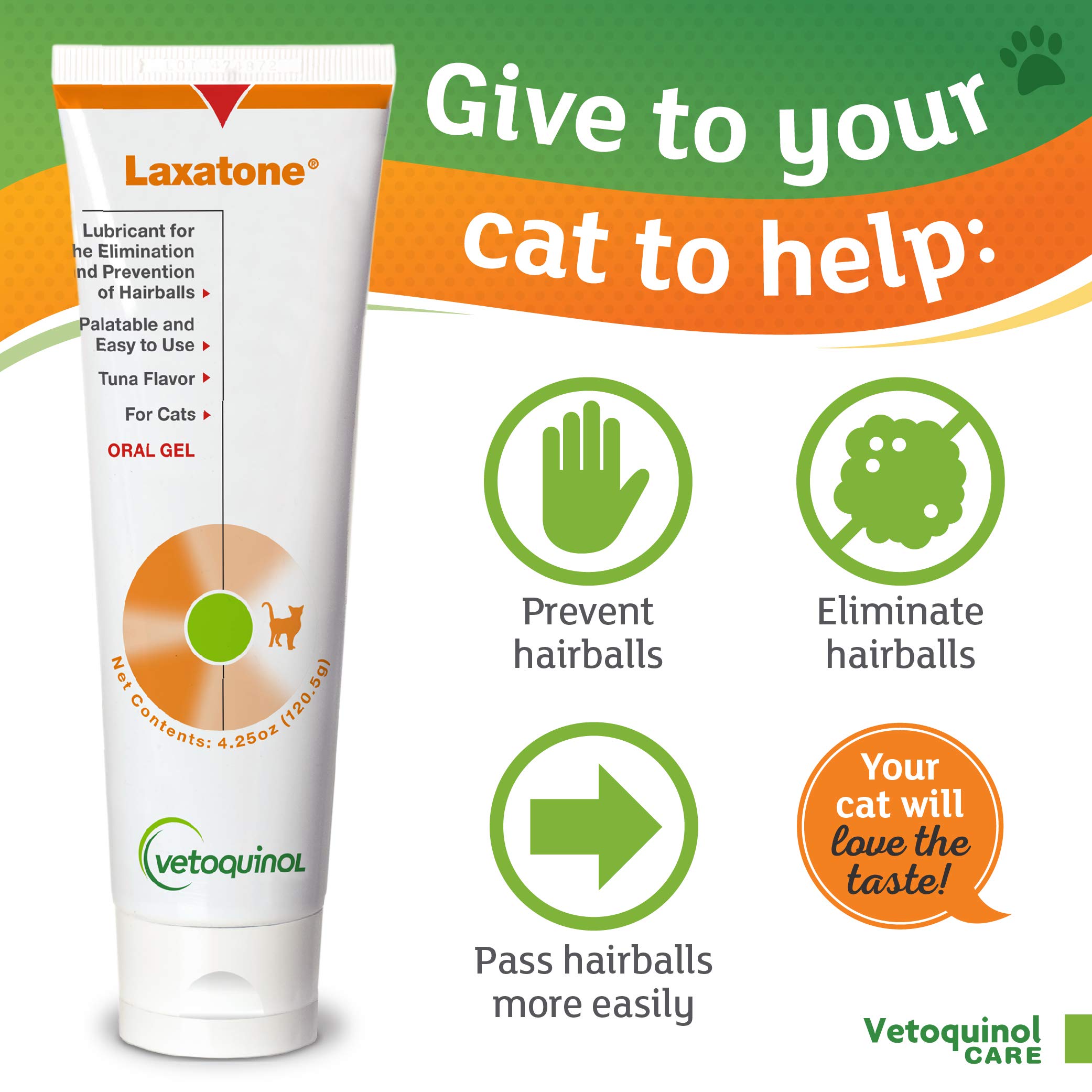 Vetoquinol Laxatone Tuna-Flavored Hairball Relief Gel for Cats - 4.25oz Oral Lubricant - Helps Prevent Hairballs & Supports Digestive Health - Perfect for Long-Haired & Grooming Cats