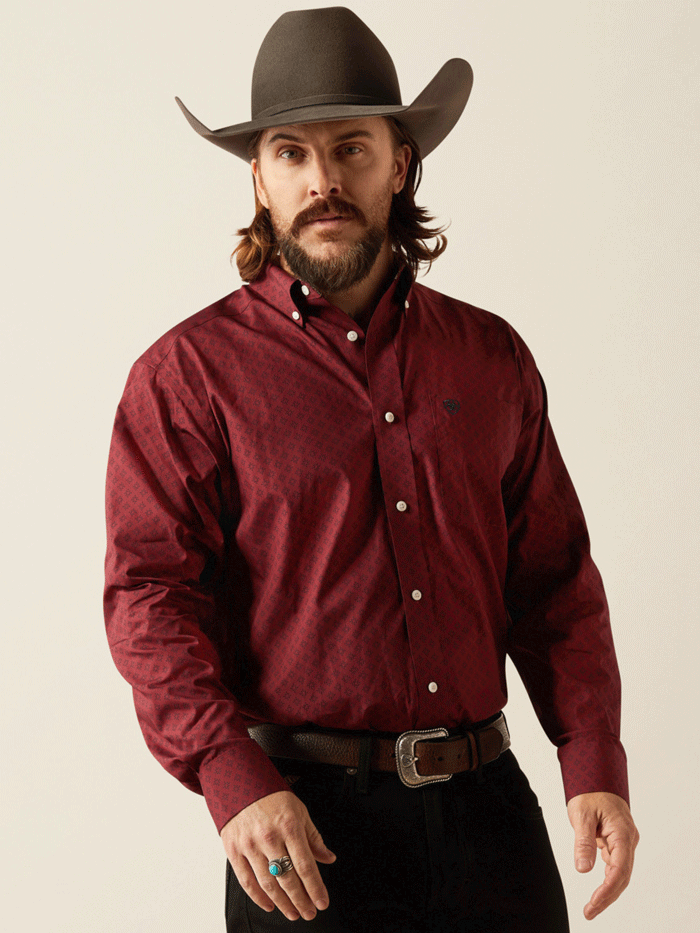 Ariat Men's Wrinkle-Free Isaac Classic Fit Button-Down Shirt - Dark Red | Comfortable Casual & Work Wear for Outdoor Activities & Office