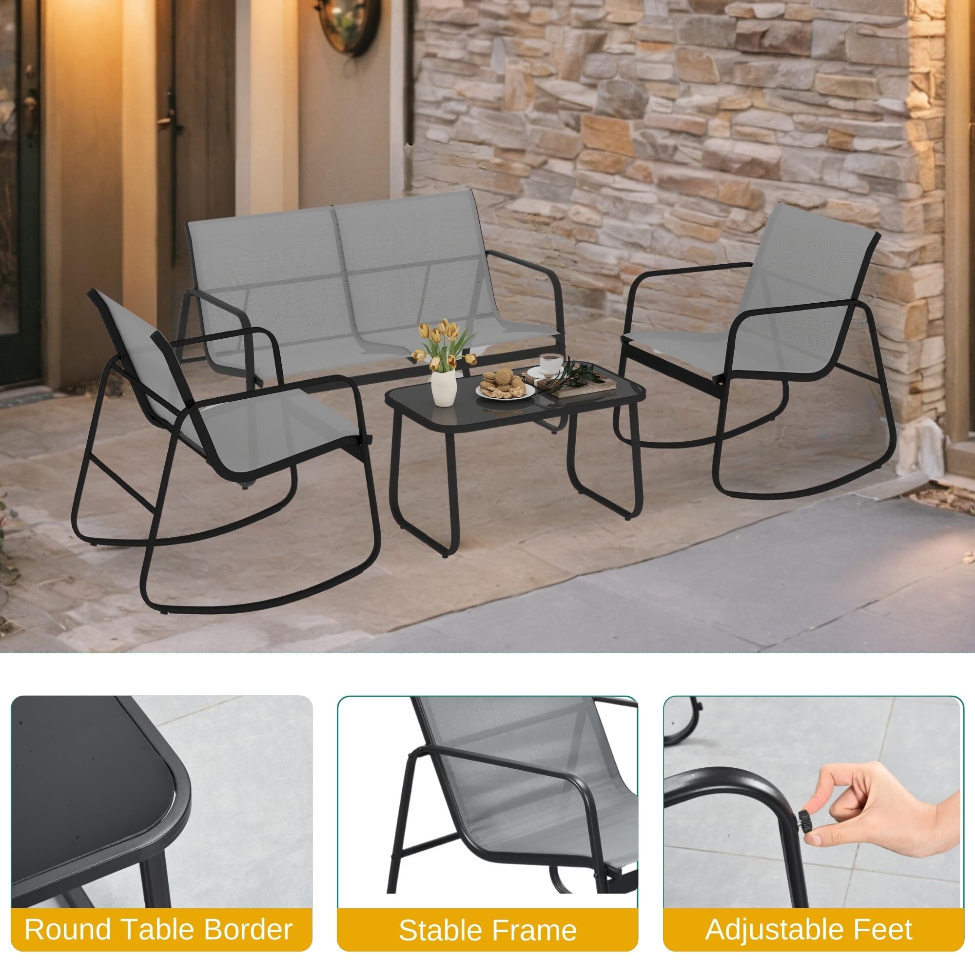DWVO 4-Piece Outdoor Patio Furniture Set with Textilene Fabric - 2 Rocking Chairs & Tempered Glass Coffee Table - Durable Gray Conversation Set for Garden, Poolside, Backyard or Balcony Relaxation