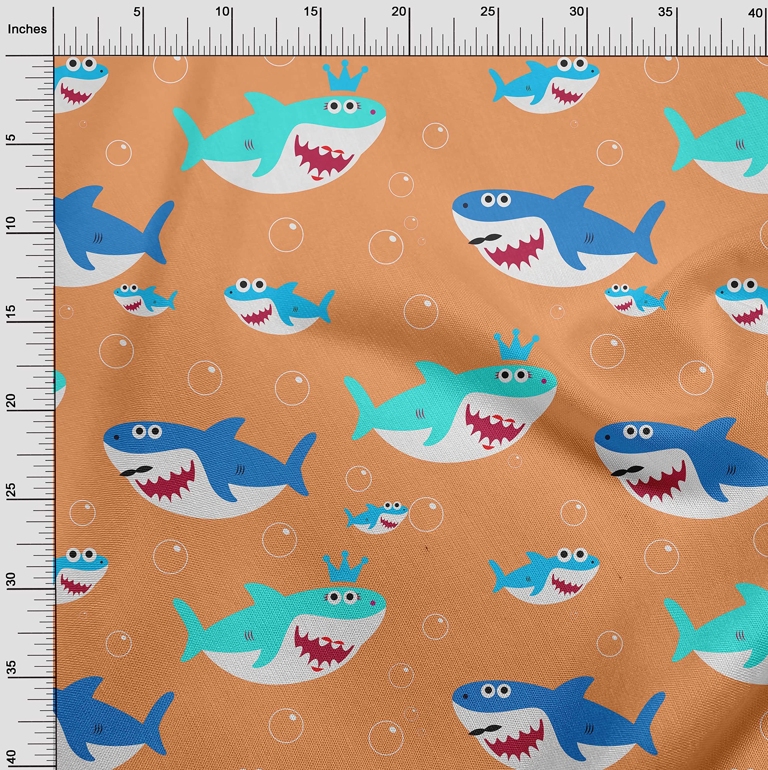oneOone Cotton Poplin Light Peach Fabric with Shark Print - 56 Inch Wide Quilting & Sewing Material by The Yard - Perfect for Kids Clothing, DIY Projects, and Home Decor