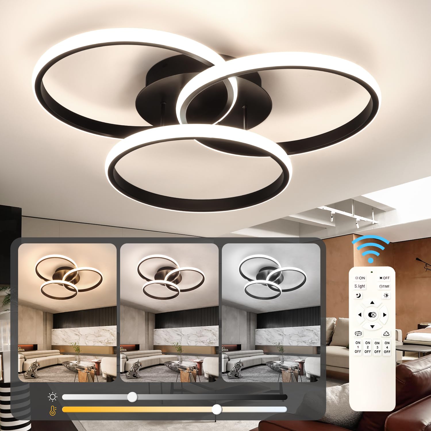 Modern LED Ceiling Light Fixture with Remote Control - Dimmable Flush Mount Lighting for Bedroom, Living Room, Dining Room & Kitchen (Black, 3000K-6500K) - Energy Efficient Home & Office Lighting Solution