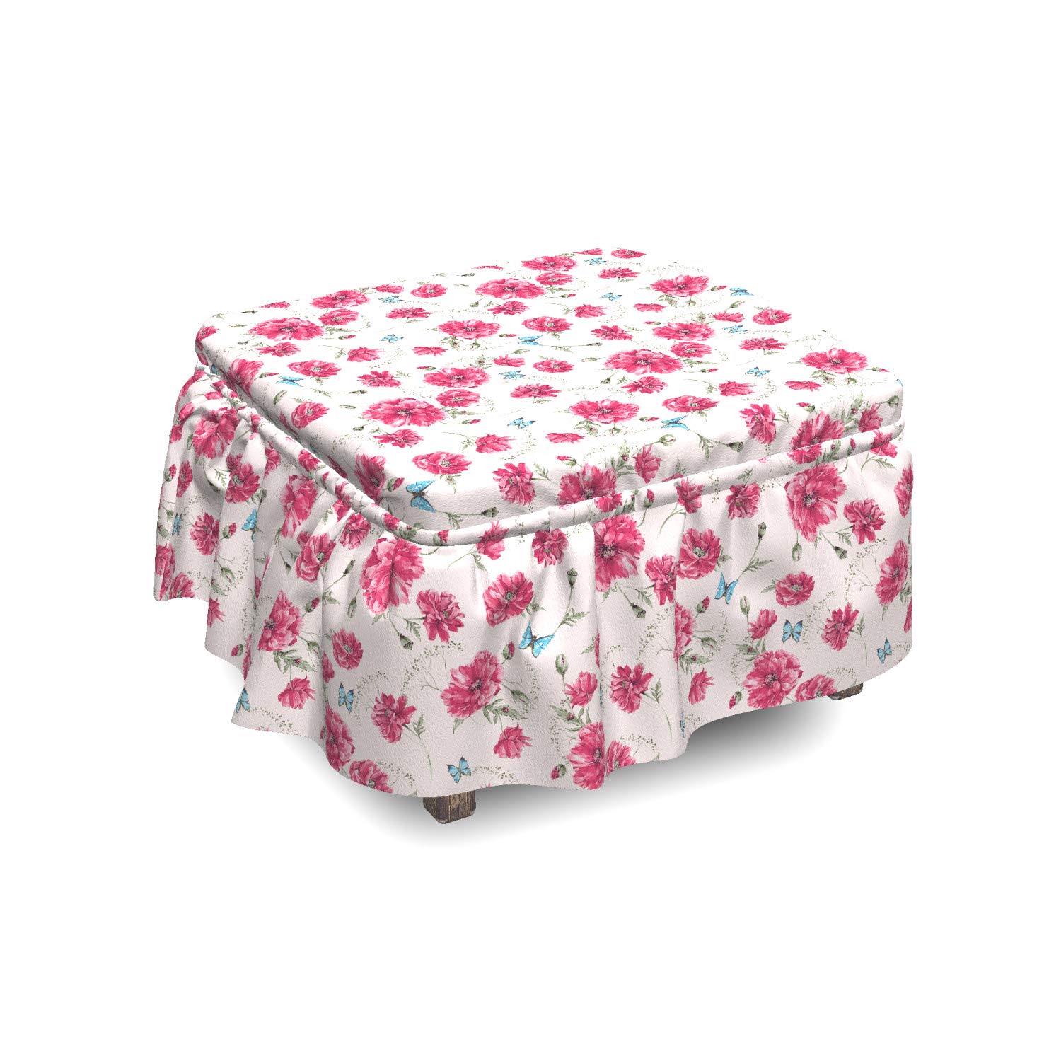 Ambesonne Aqua and Pink Ottoman Cover Slipcover Set - 2 Piece Summer Poppies Design with Ruffle Skirt for Square Round Cube Footstool, Standard Size Home Decor in Aqua Pink and Pale Pink | Perfect for Living Room, Bedroom, Nursery Decor and Gift Giving
